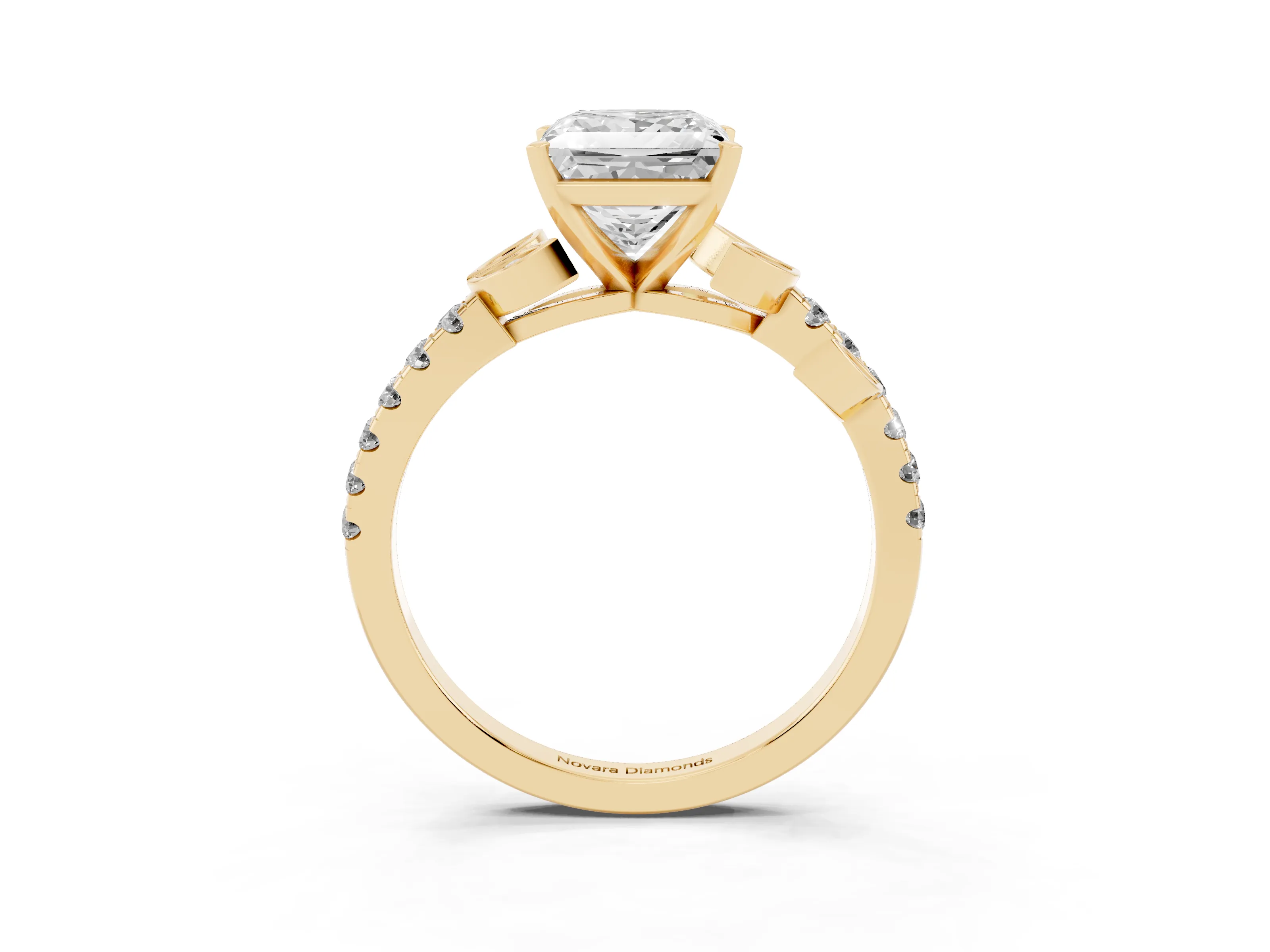 Princess Cut Diamond Solitaire Leaf-Inspired Ring Set in Yellow gold with Pavé Band and Prong Setting