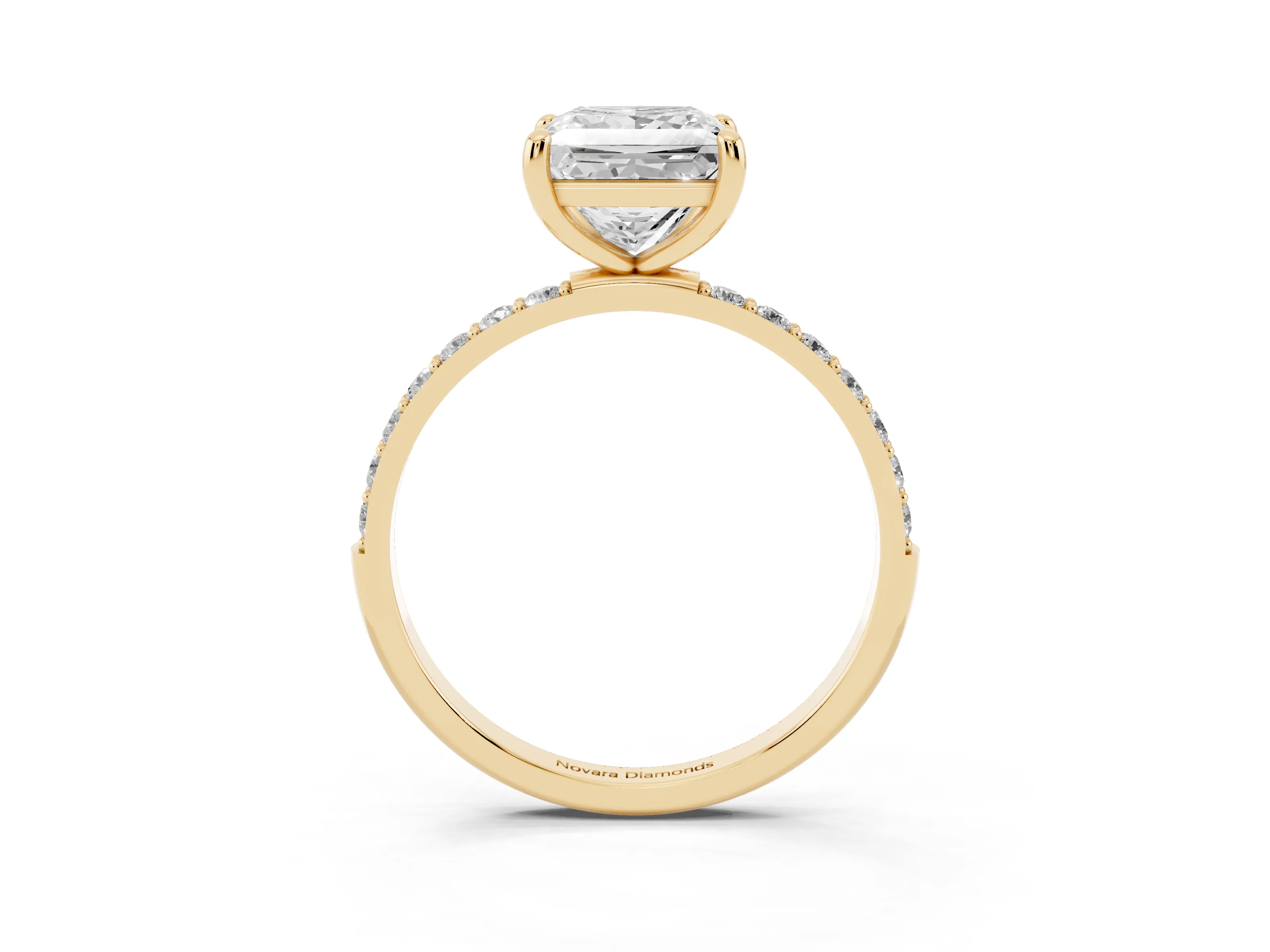 Princess Cut Diamond Solitaire Ring Set in Yellow gold with Round Pavé Band and Prong Setting