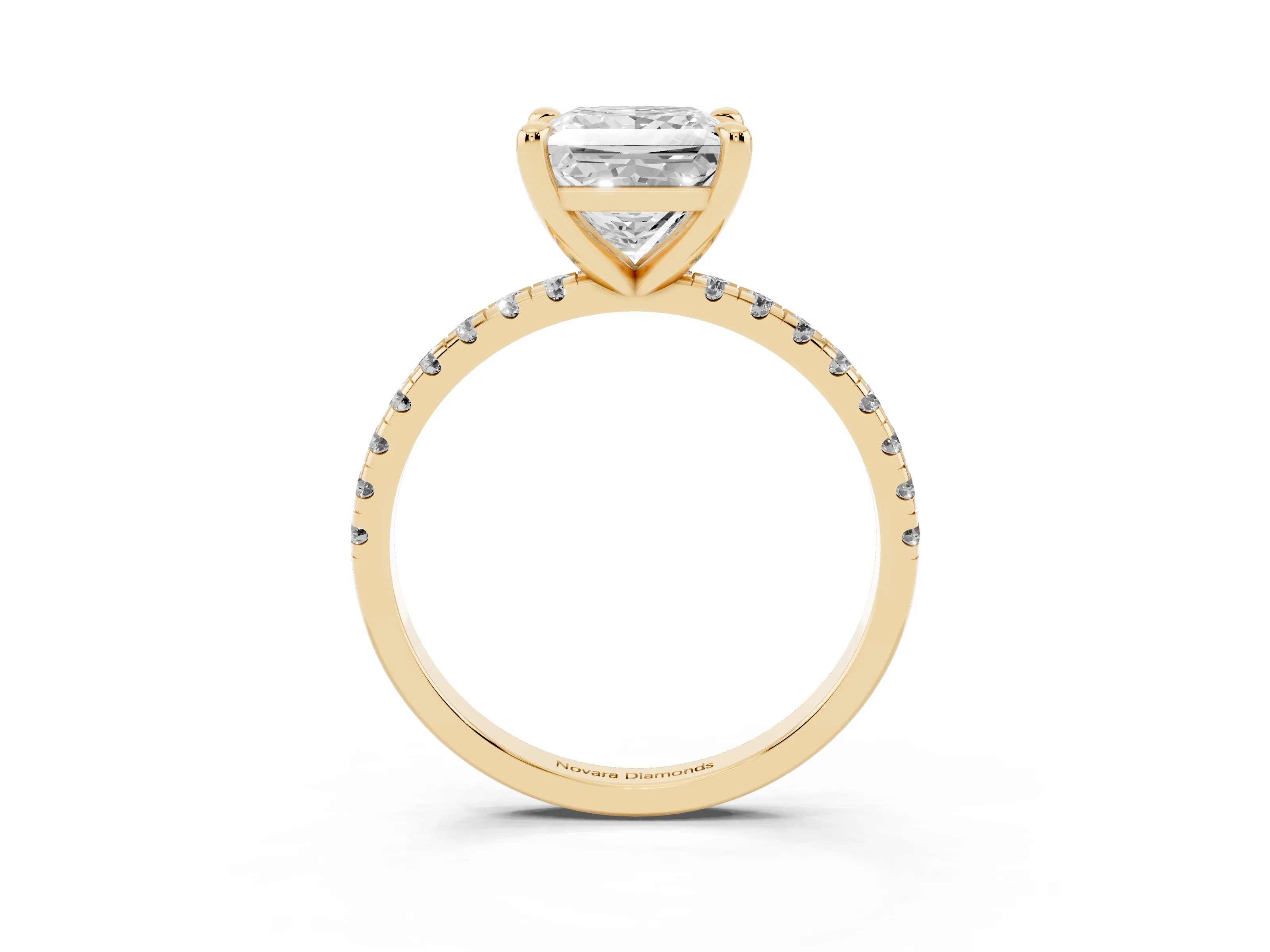 Princess Cut Diamond Brilliant Solitaire Ring Set in Yellow gold with Pavé Band and Prong Setting
