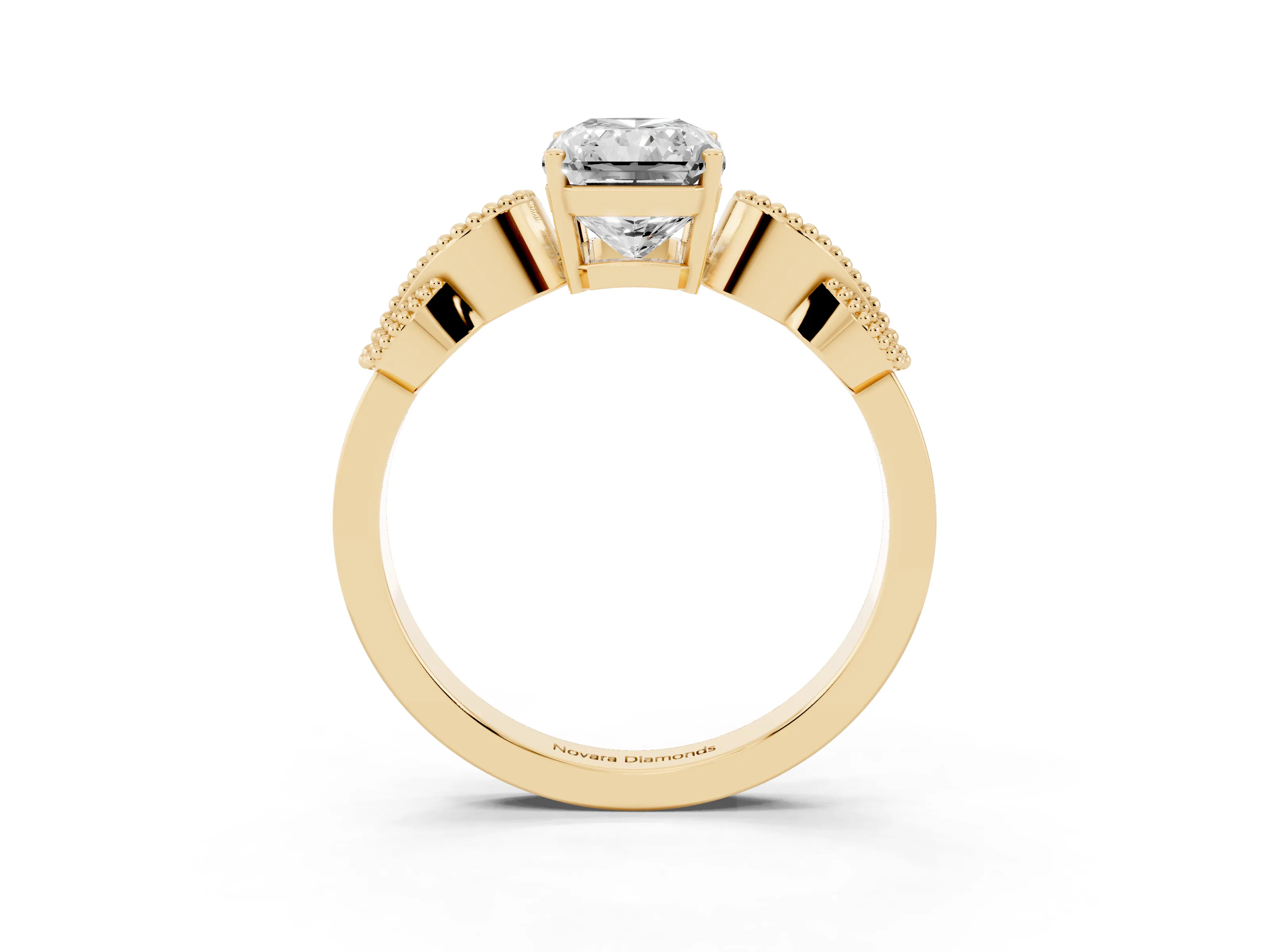 Princess Cut Diamond Milgrain Leaf Band Solitaire Ring Set in Yellow gold with Accent Stones and Prong Setting