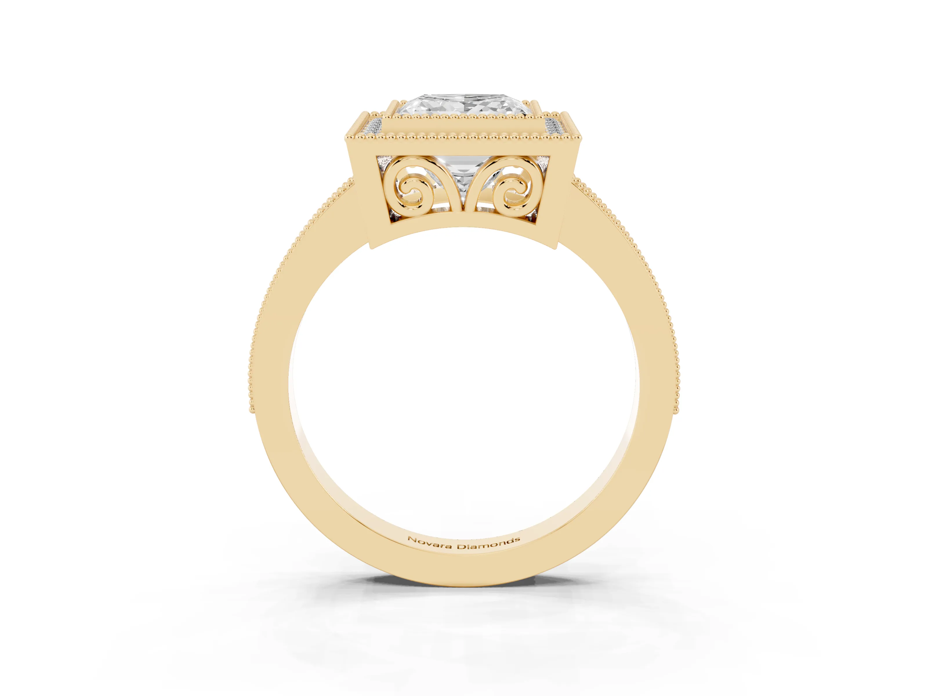 Princess Cut Diamond Halo Ring Set in Yellow gold with Pavé Band and Milgrain-Edged Prongs