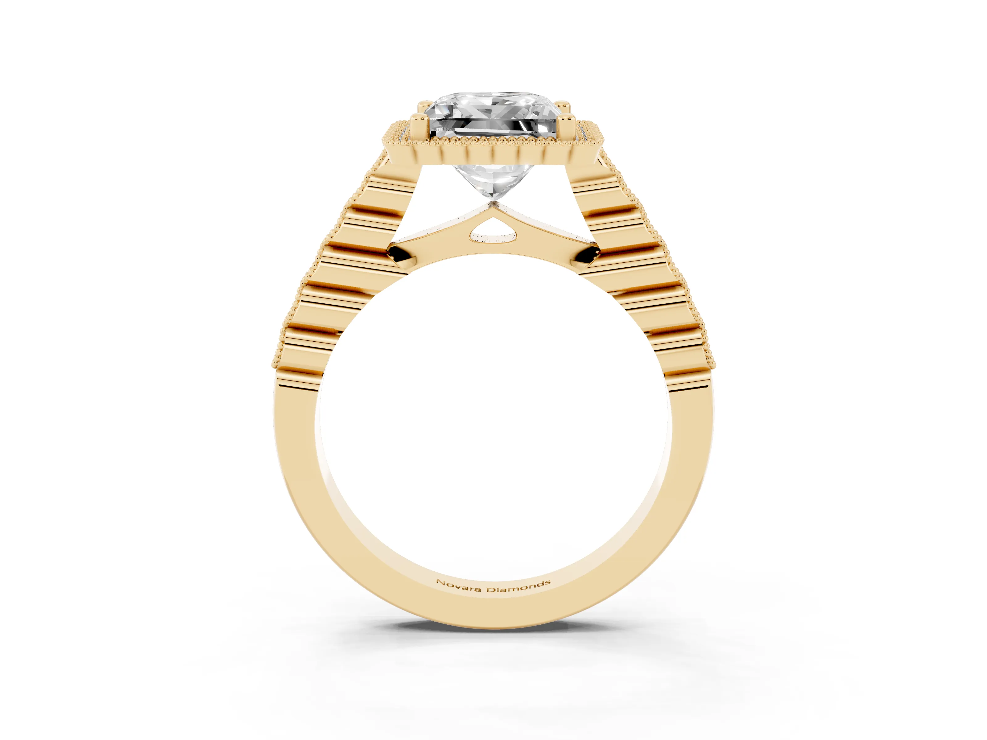 Princess Cut Diamond Halo Ring Set in Yellow gold with Pavé Milgrain Band