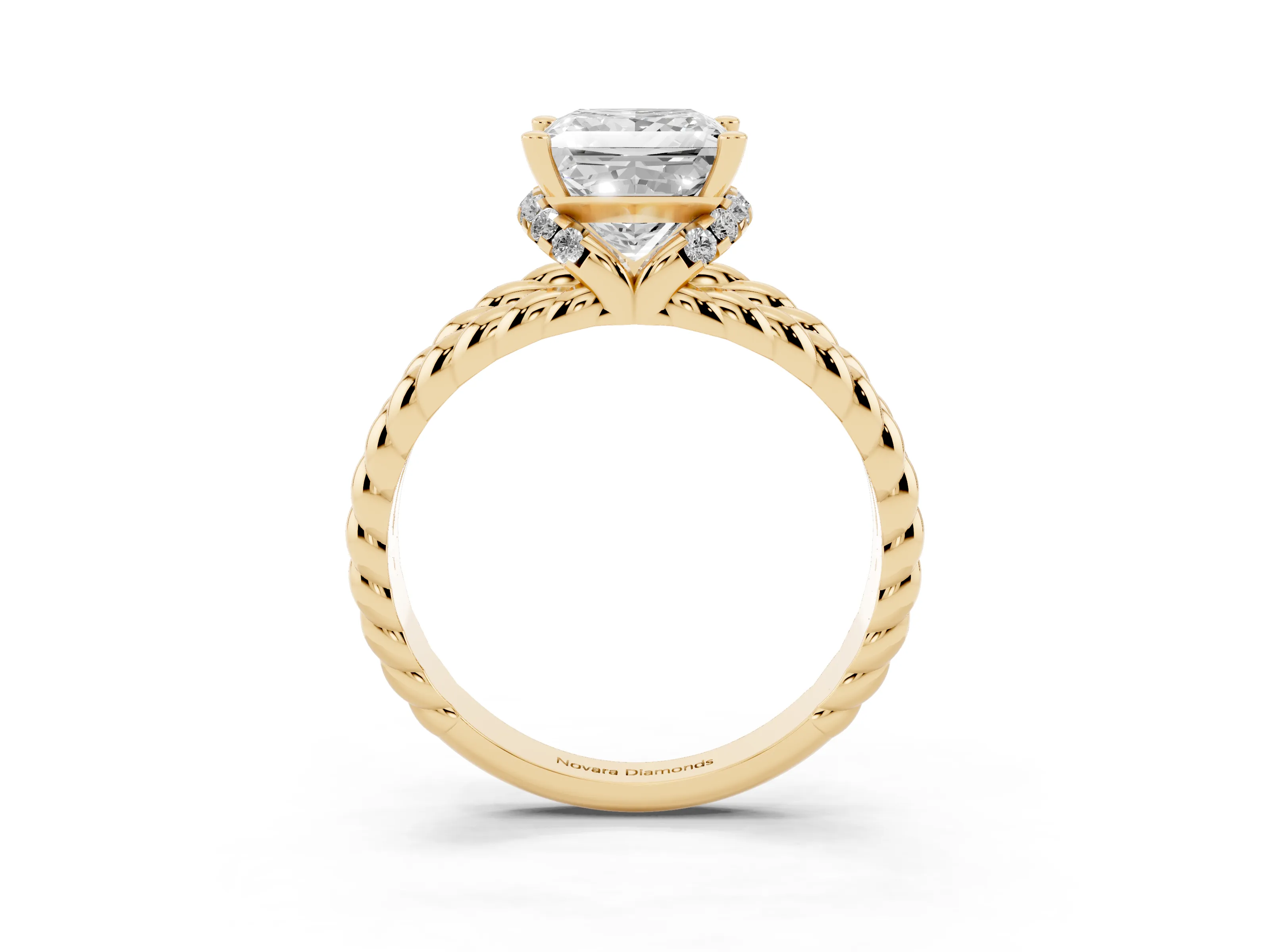 Princess Cut Diamond Halo Ring Set in Yellow gold with Twisted Band and Prong Setting