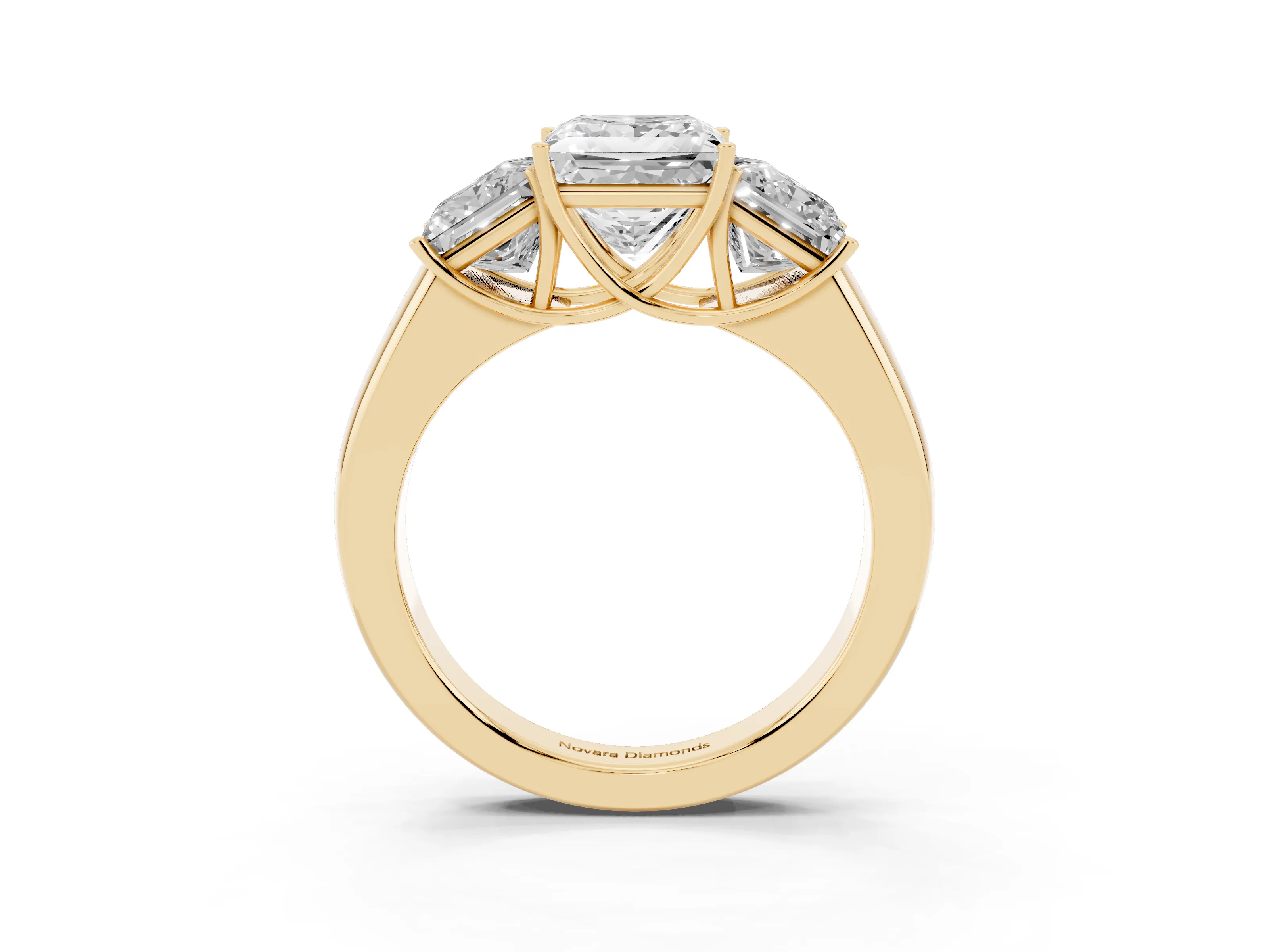 Three-Stone Princess Cut Diamond Ring Set in Yellow gold with Matching Prong Settings and Plain Band