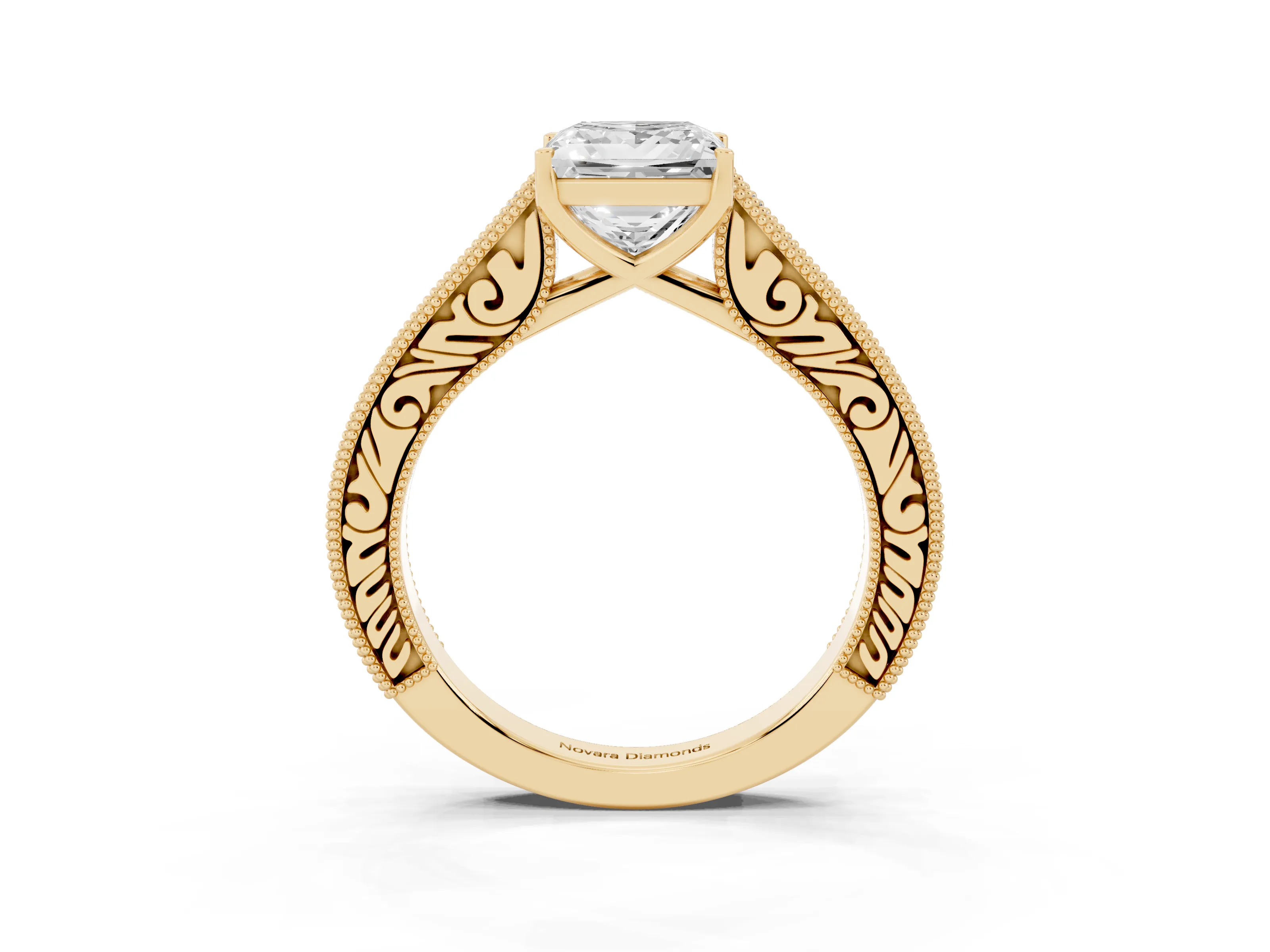 Princess Cut Diamond Milgrain Pavé Band Solitaire Ring Set in Yellow gold with Prong Setting