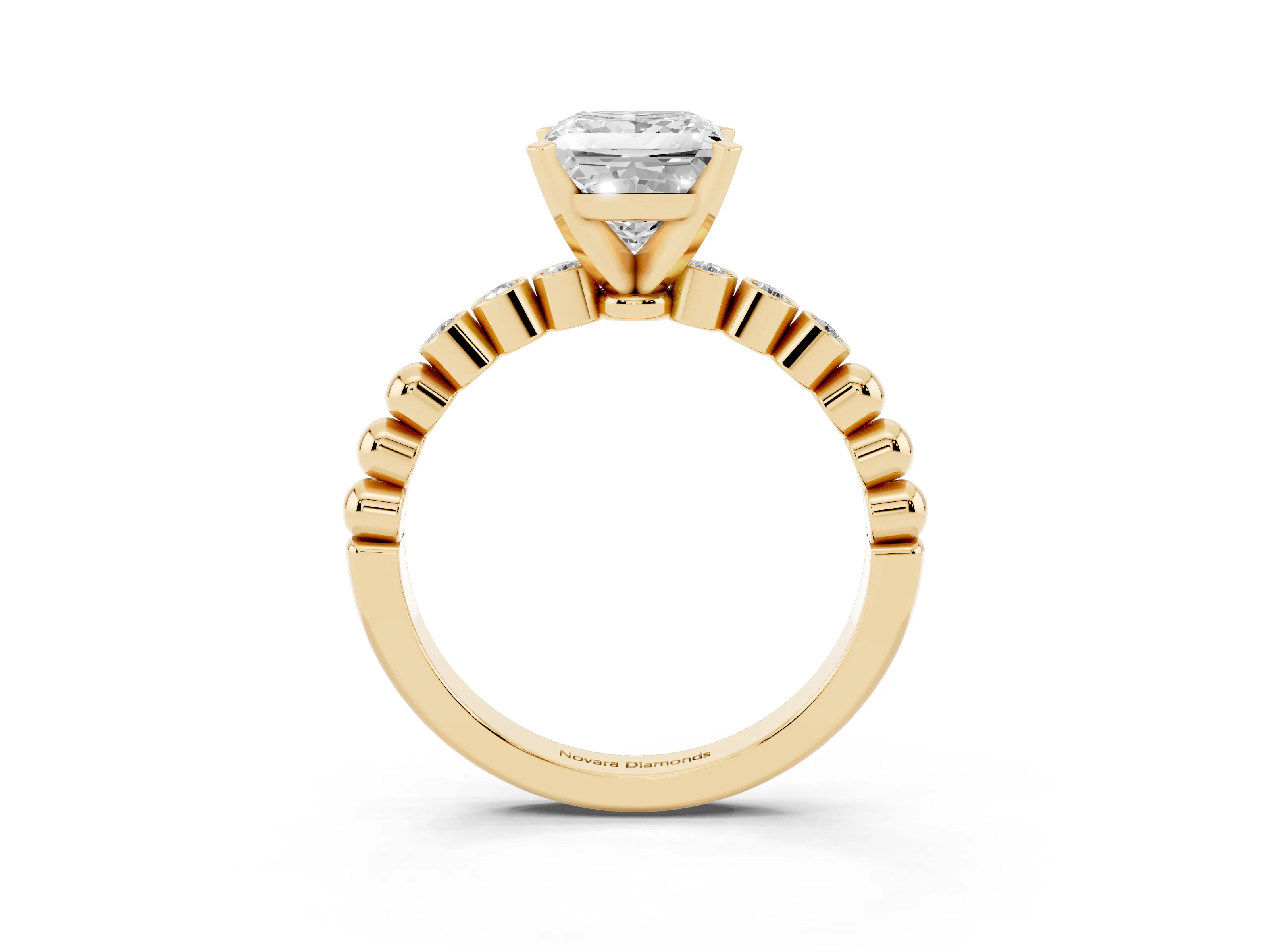 Princess Cut Diamond Solitaire Engagement Ring Set in Yellow gold with Bezel Accents on Beaded Band