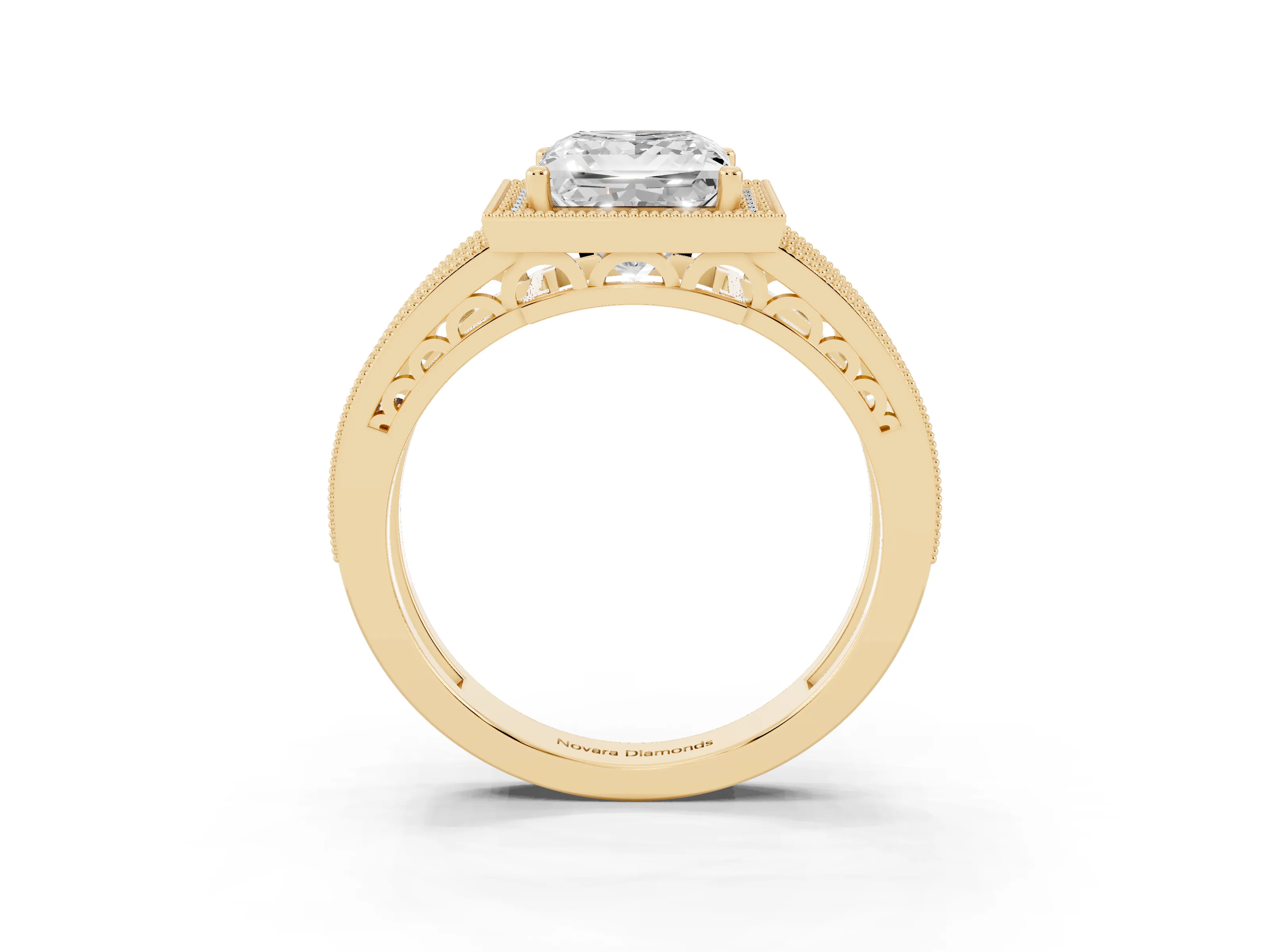 Princess Cut Diamond Halo Ring Set in Yellow gold with Accent Split Shank and Prong Setting
