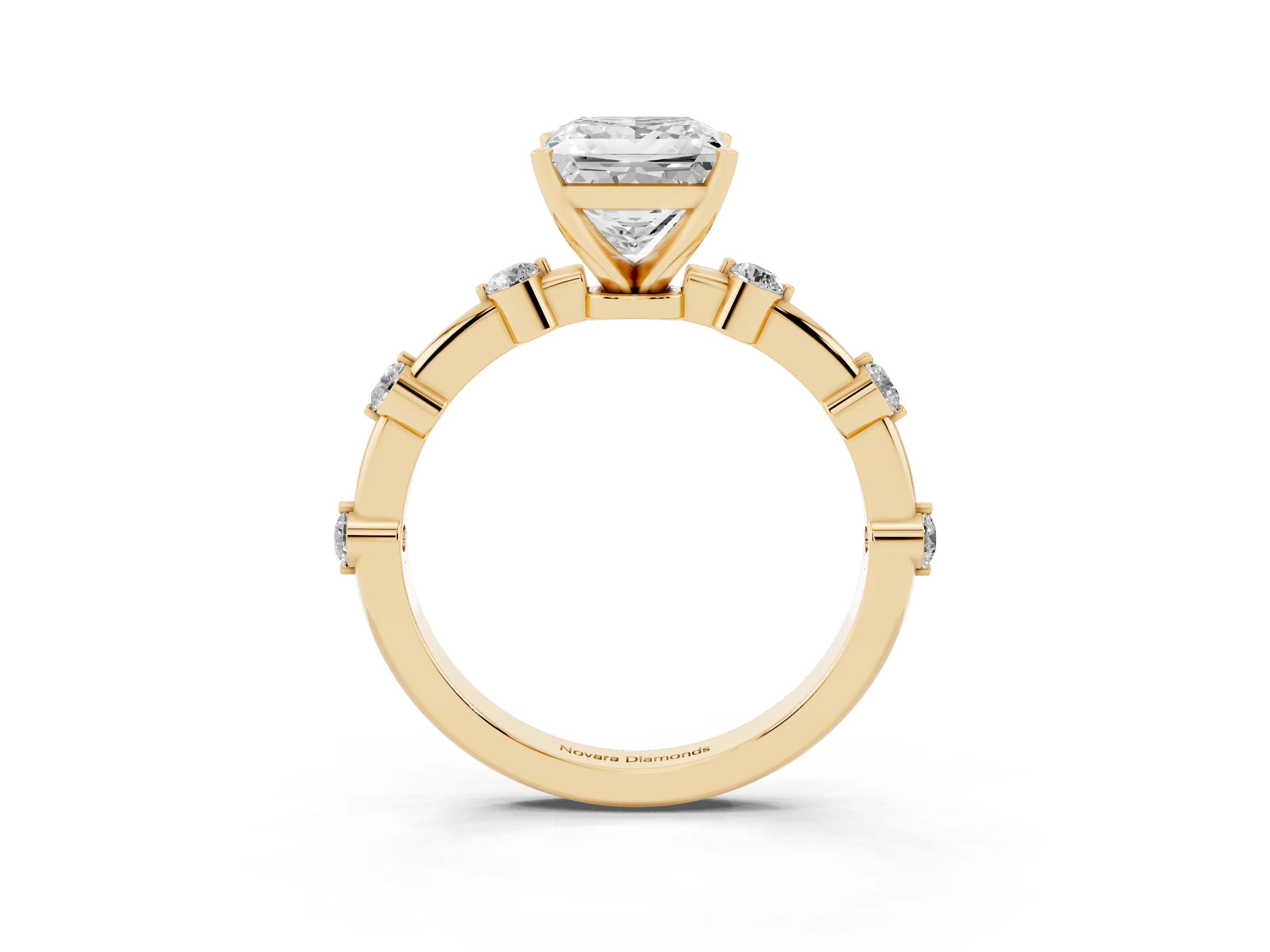 Princess Cut Diamond Solitaire Ring Set in Yellow gold with Bezel Set Side Stones and Prong Setting