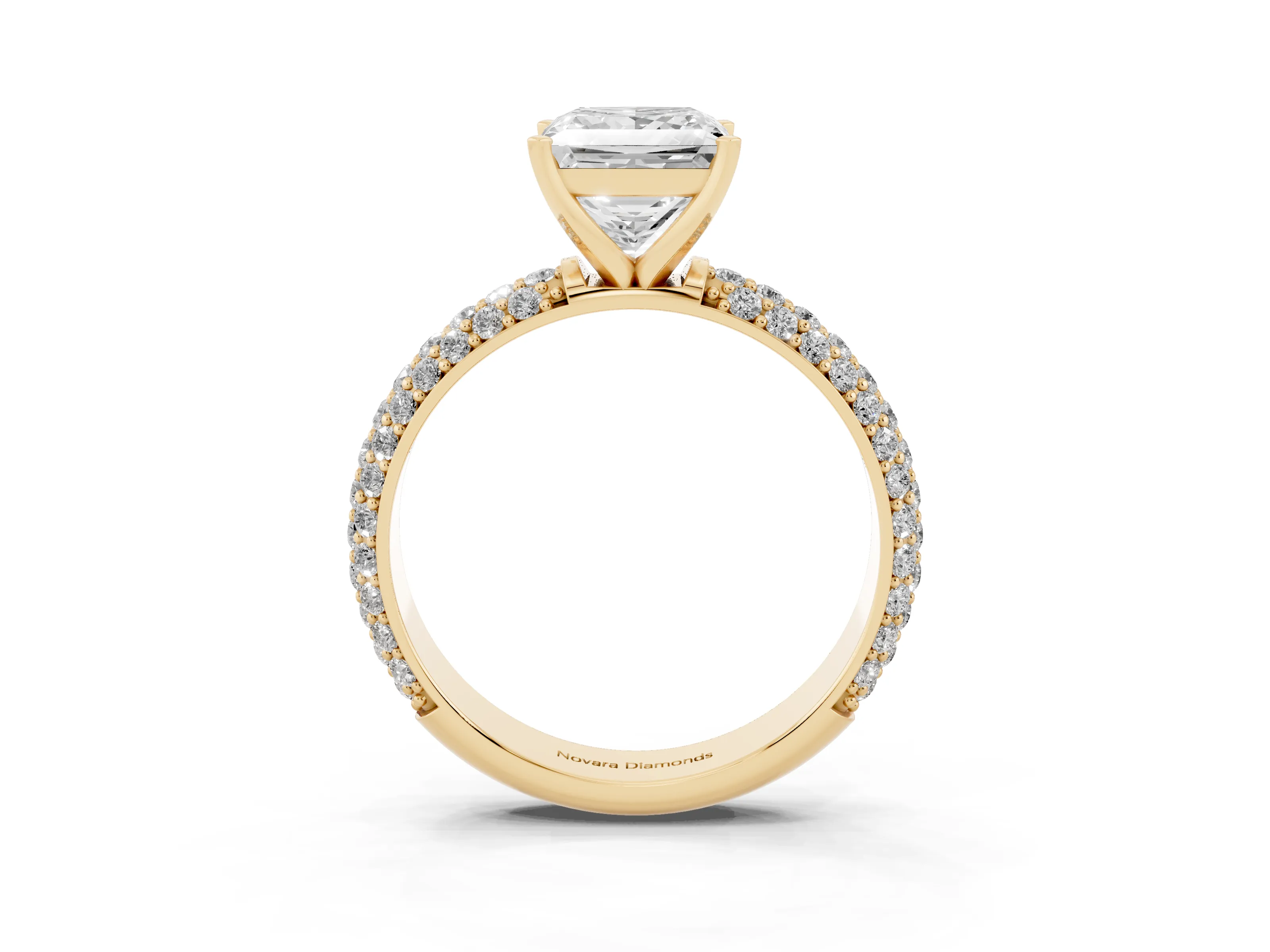 Princess Cut Diamond Solitaire Ring Set in Yellow gold with Prong Setting and Pavé-Set Band