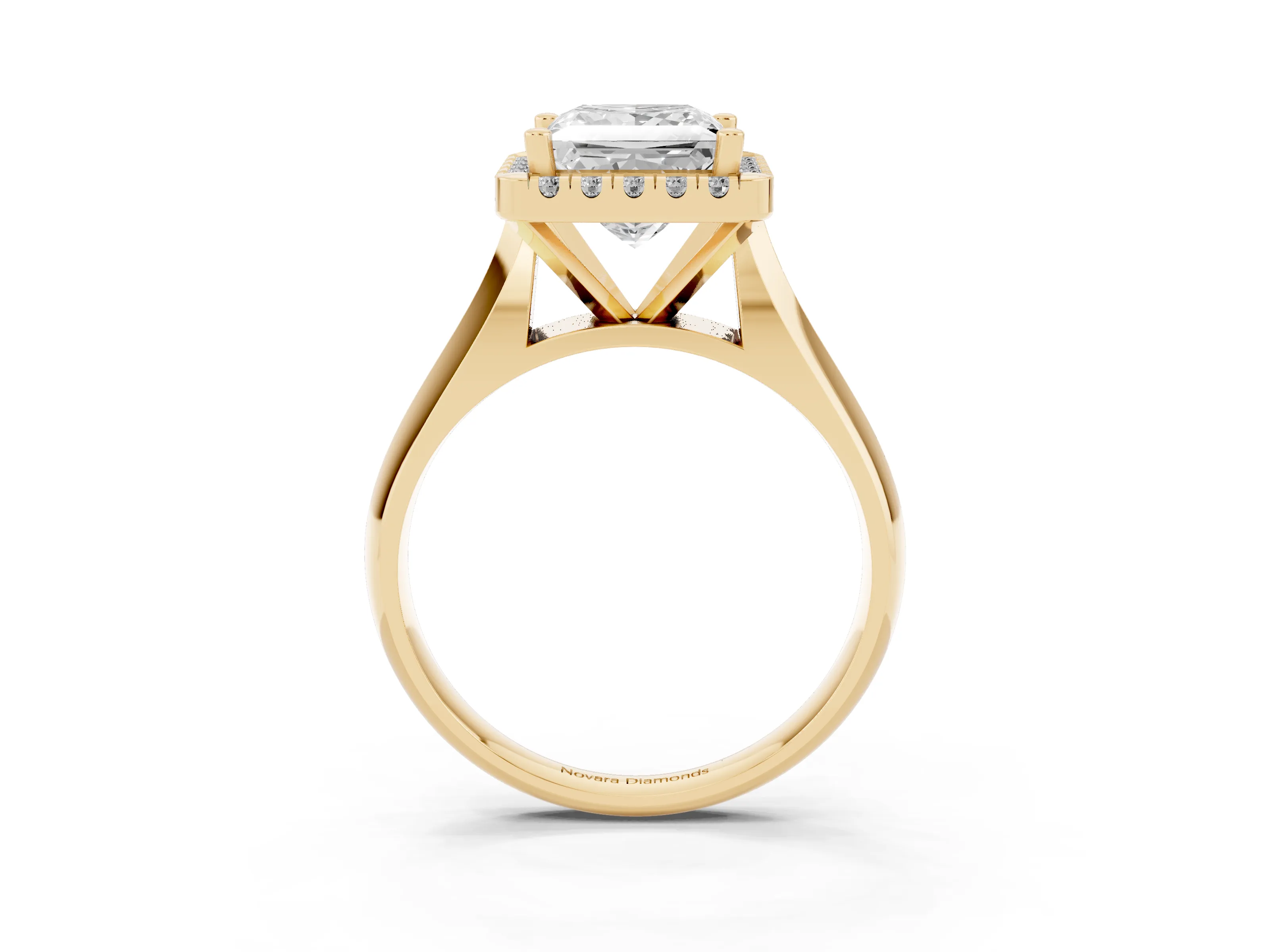 Princess Cut Diamond Halo Solitaire Engagement Ring Set in Yellow gold with Square Band and Prong Setting
