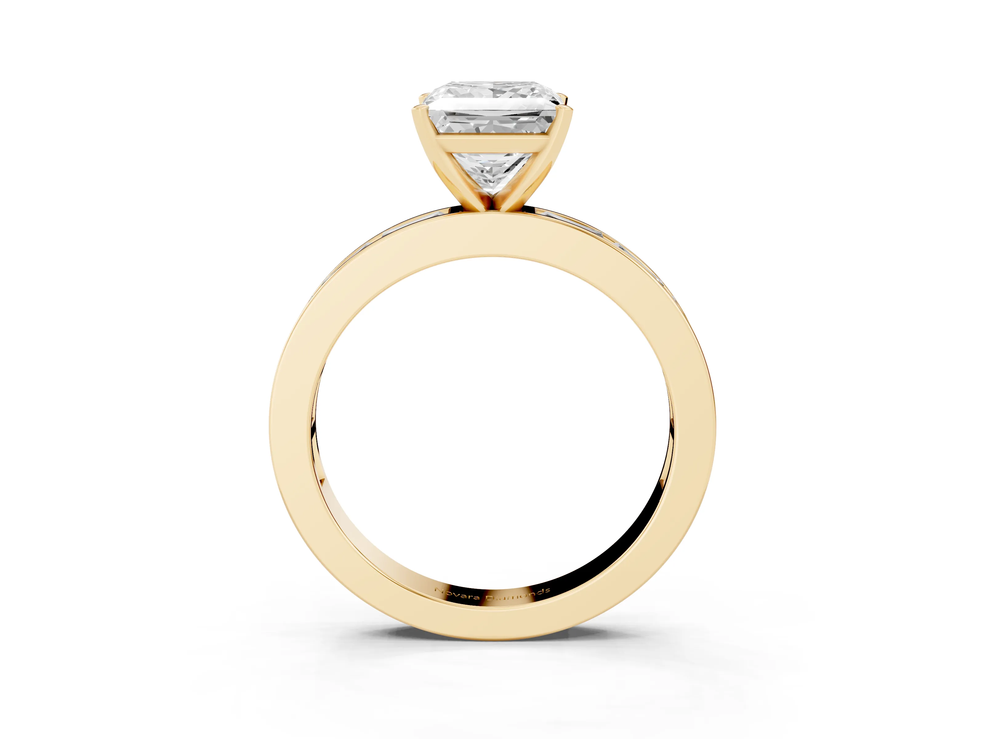 Princess Cut Diamond Solitaire Ring Set in Yellow gold with Channel-Set Baguette Band and Prong Setting