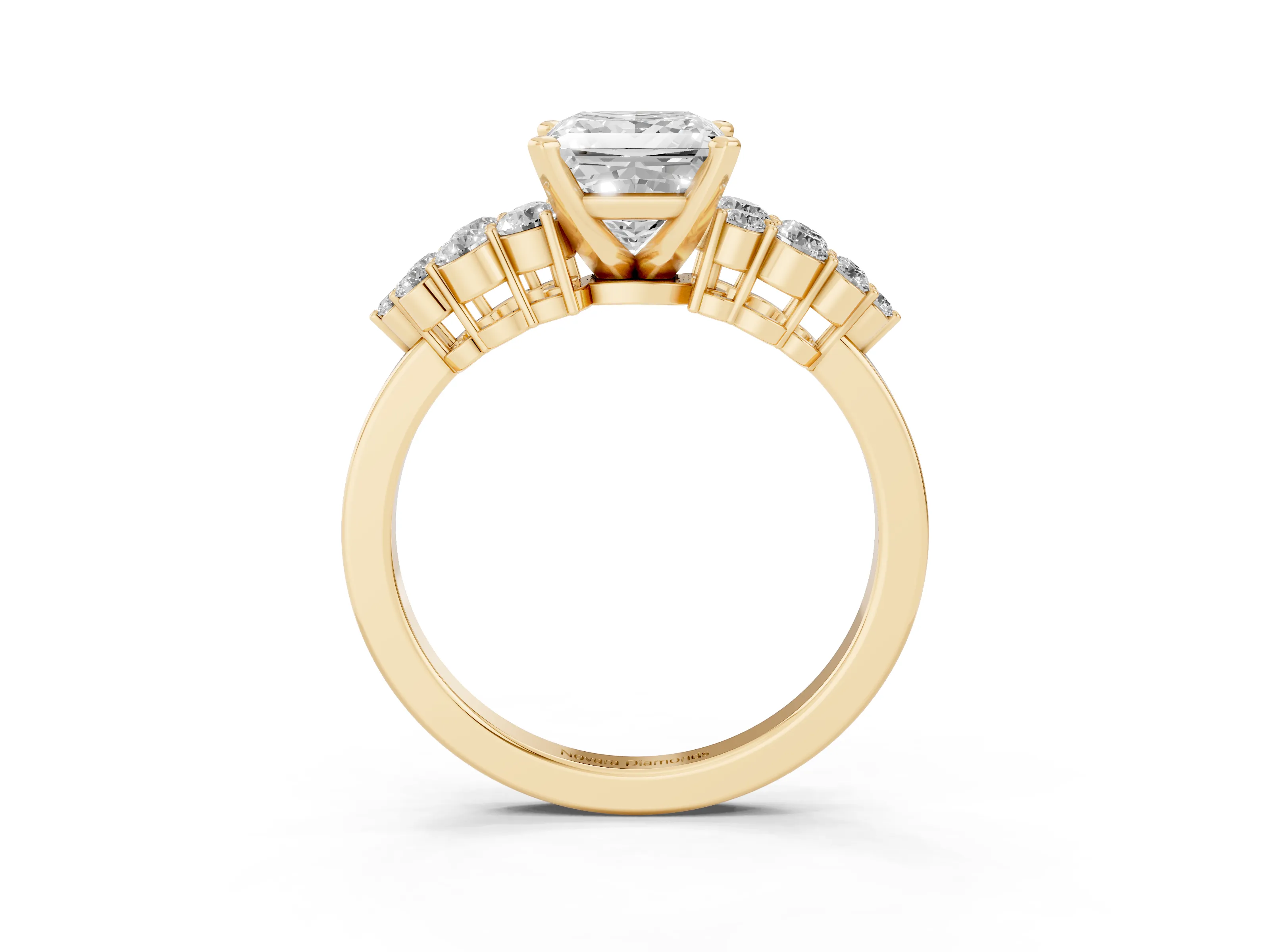 Princess Cut Diamond Cluster Engagement Ring Set in Yellow gold with Pavé Band and Prong Setting