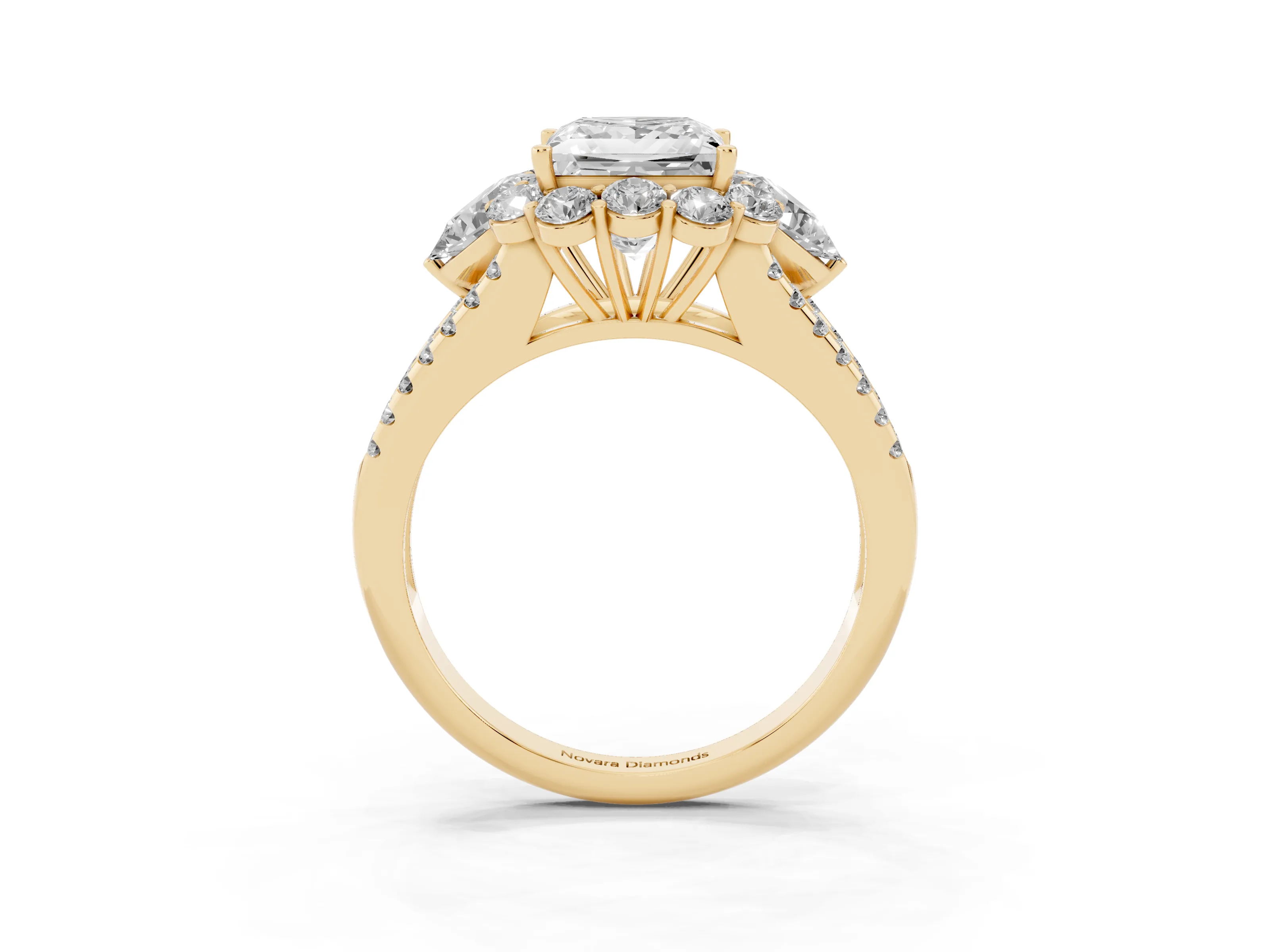 Princess Cut Diamond Halo Split Shank Engagement Ring Set in Yellow gold with Prong-Held Center Stone