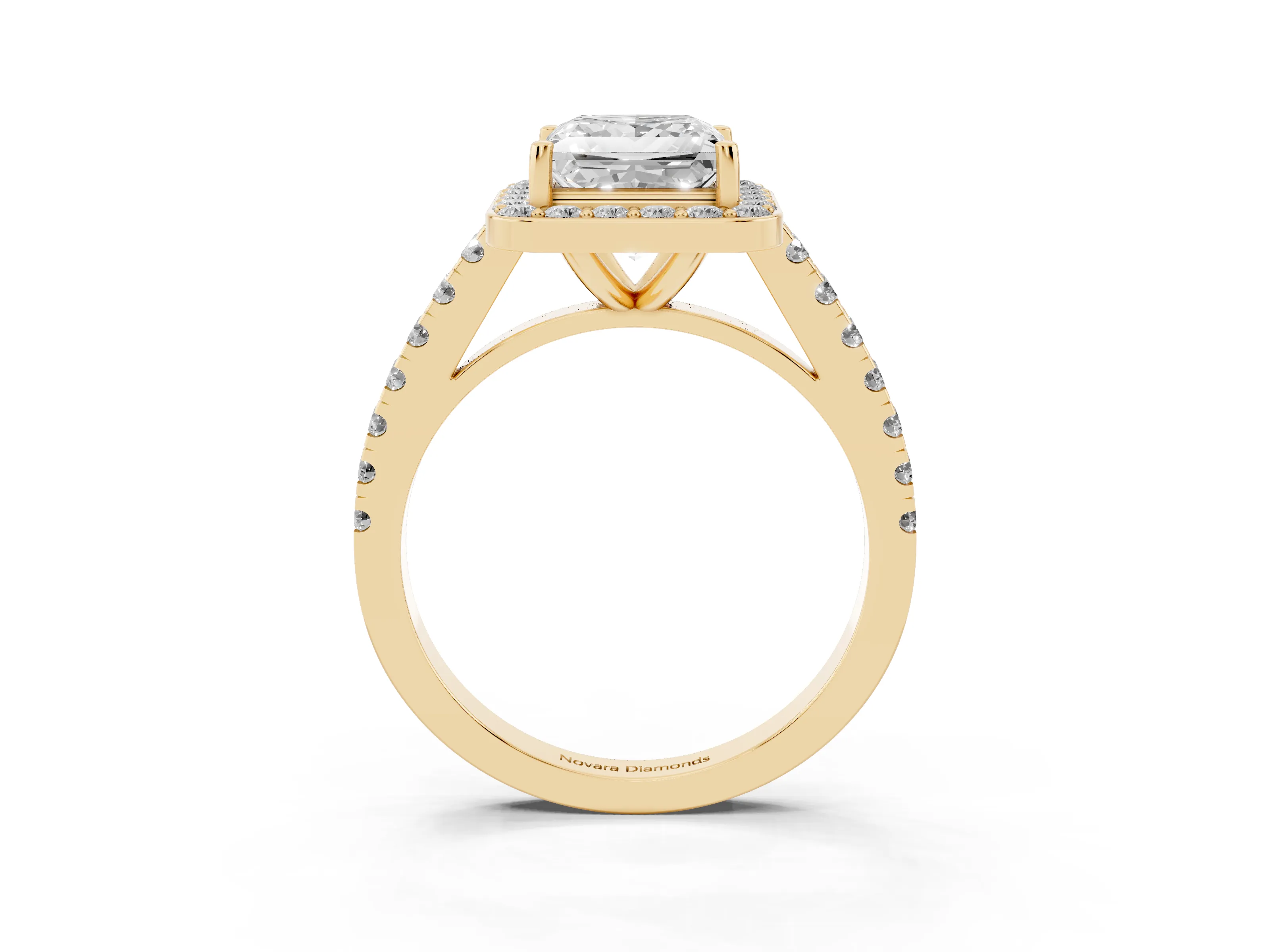 Princess Cut Diamond Halo Ring Set in Yellow gold with Round Pavé Split Shank and Prong Setting