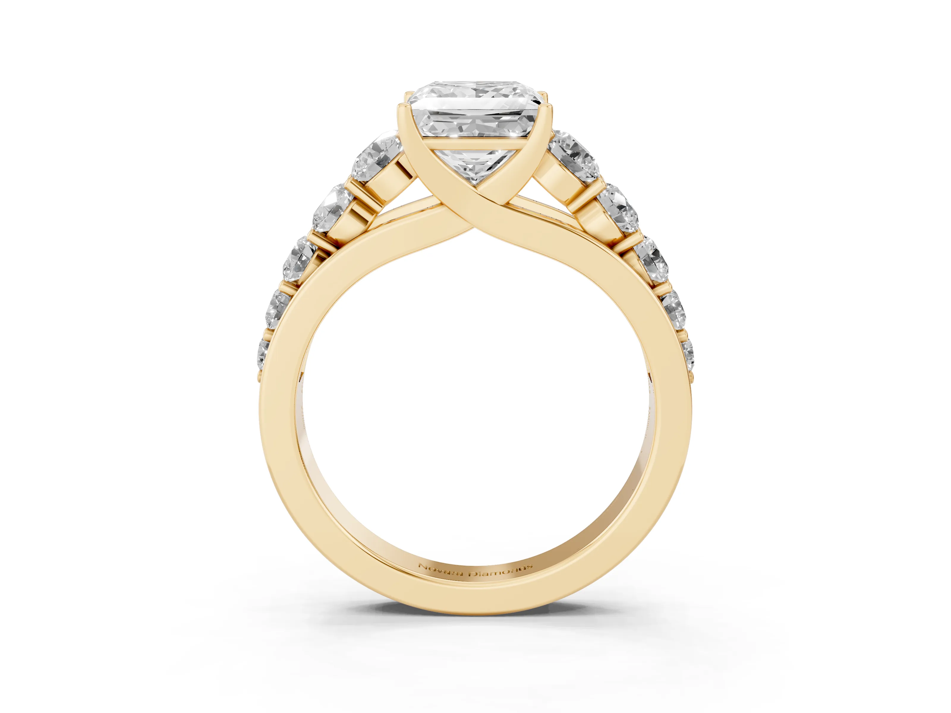 Princess Cut Diamond Solitaire Ring Set in Yellow gold with Pavé-Set Band and Prong Setting