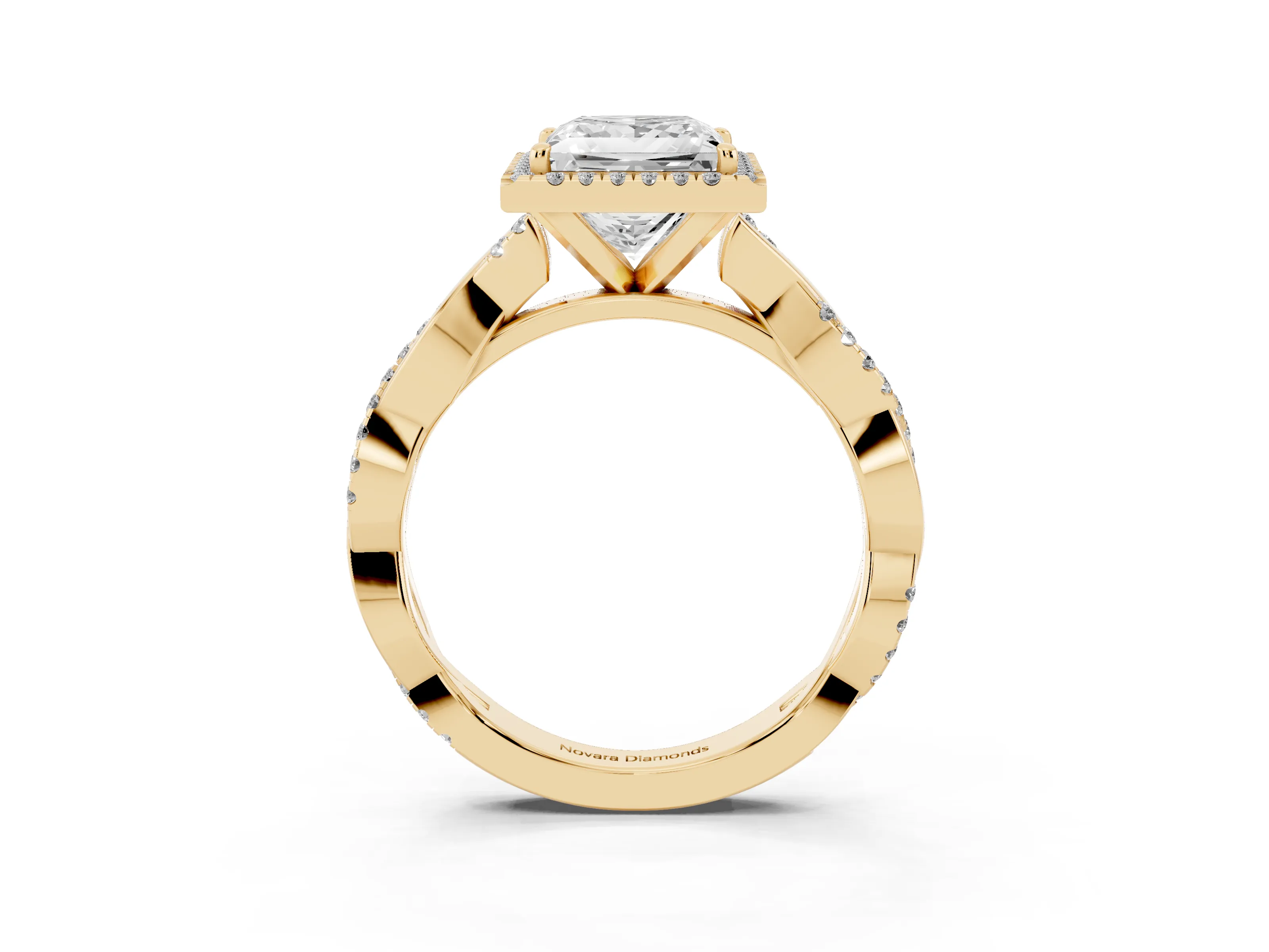 Princess Cut Diamond Halo Twisted Band Ring Set in Yellow gold with Prong Setting