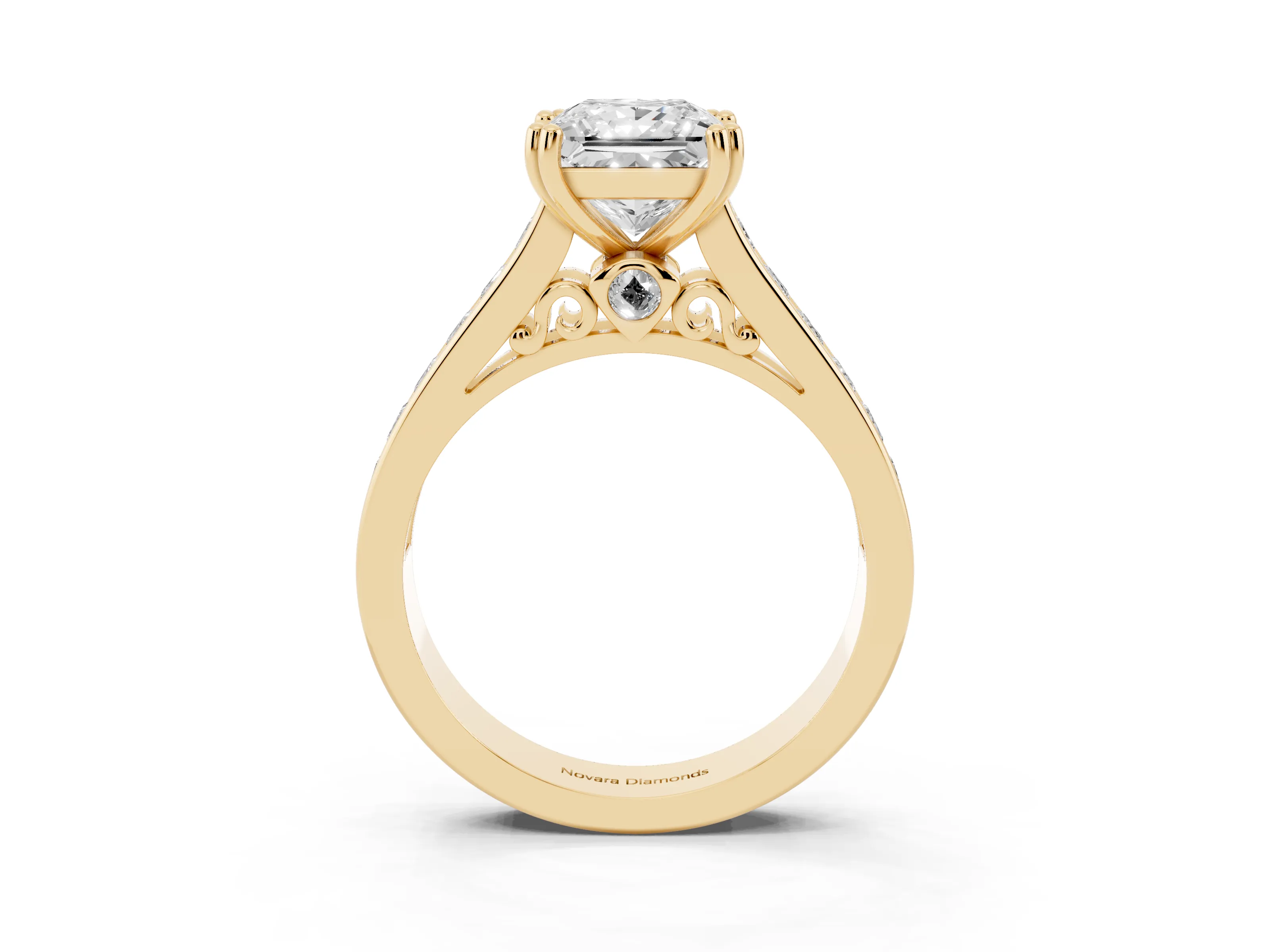 Princess Cut Diamond Channel Set Solitaire Engagement Ring Set in Yellow gold with Prong Setting