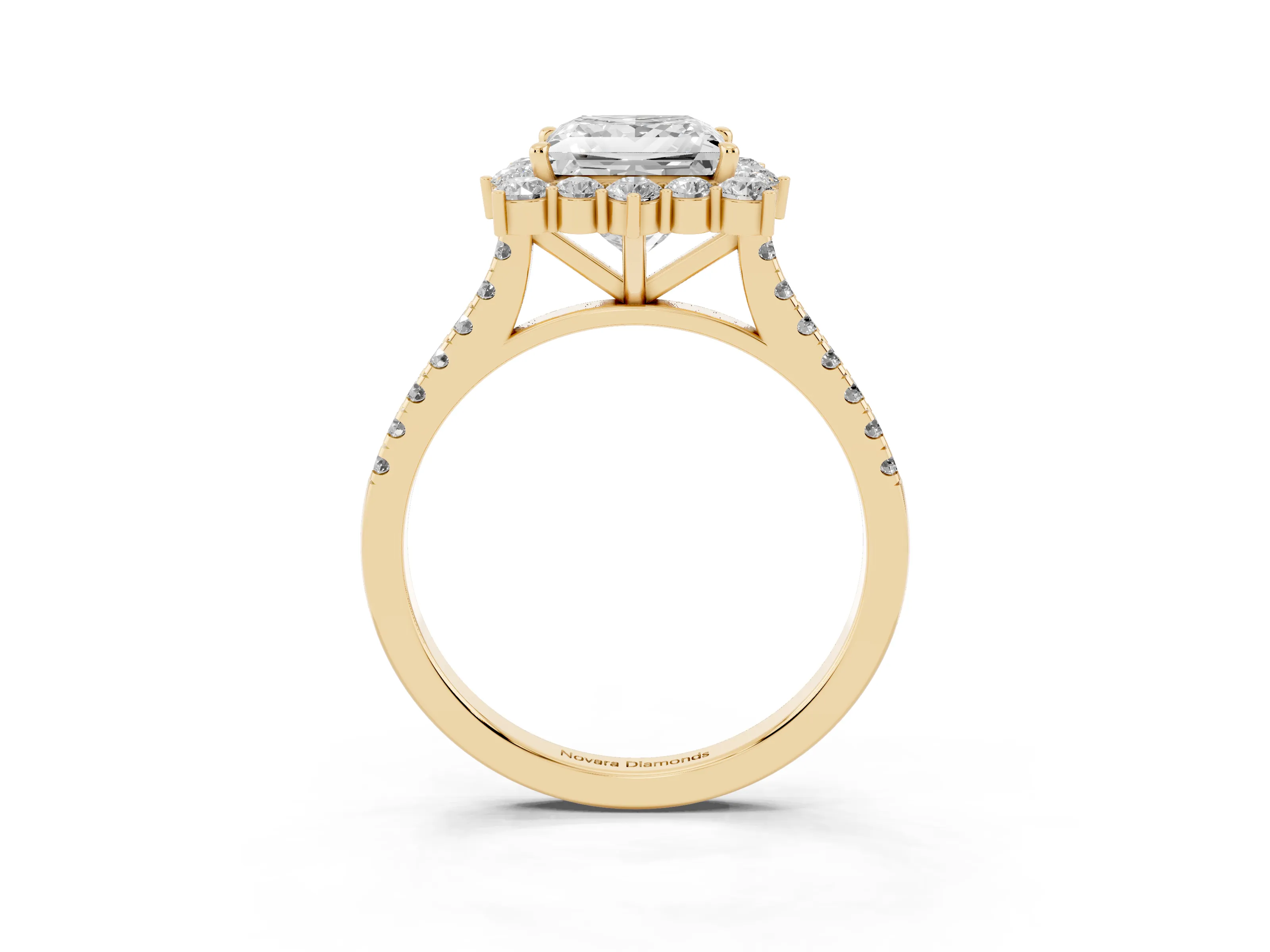 Princess Cut Diamond Halo Ring Set in Yellow gold with Pavé Band and Prong Setting