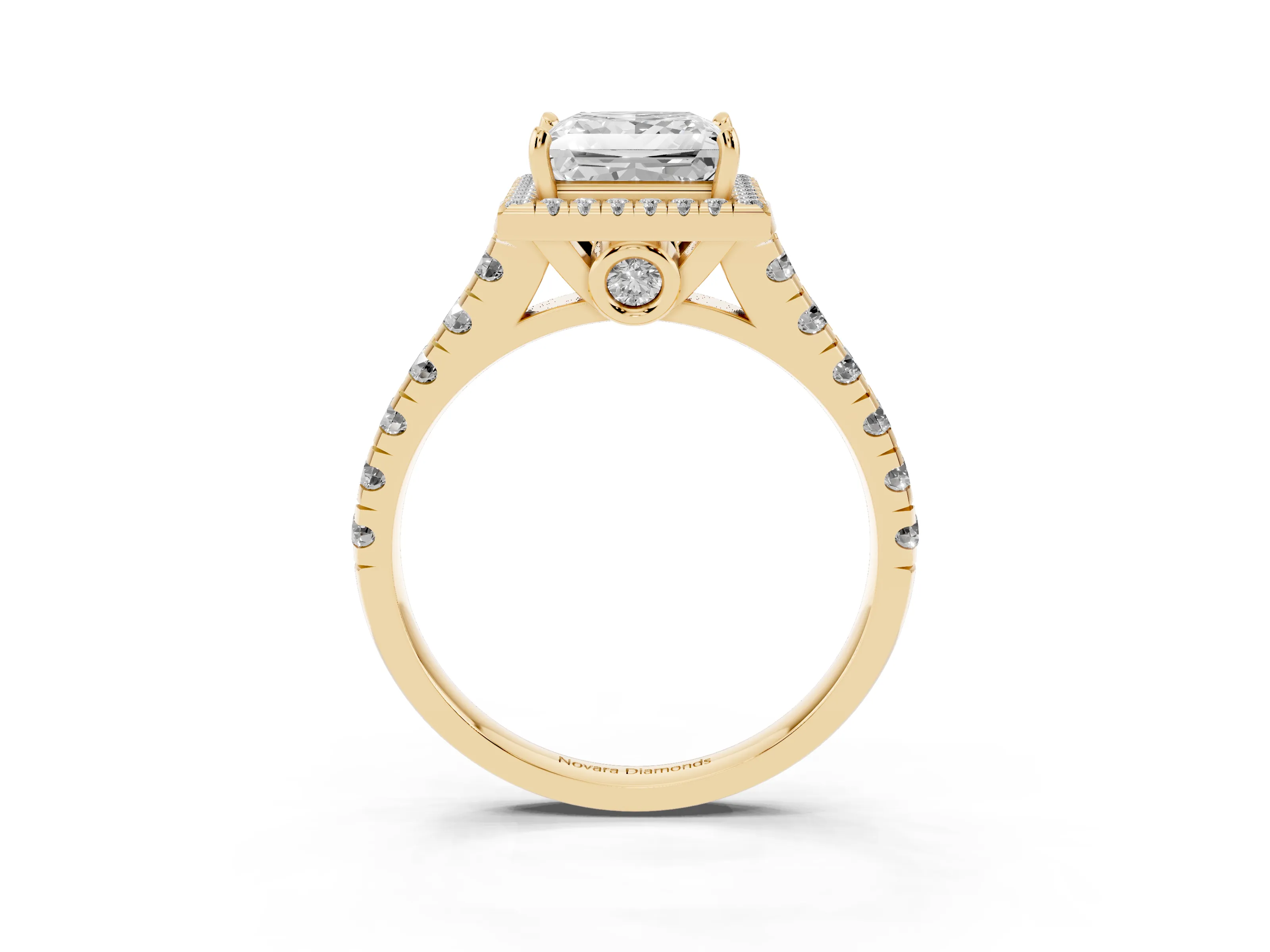 Princess Cut Diamond Halo Engagement Ring Set in Yellow gold with Pavé Band and Prong-Set Center