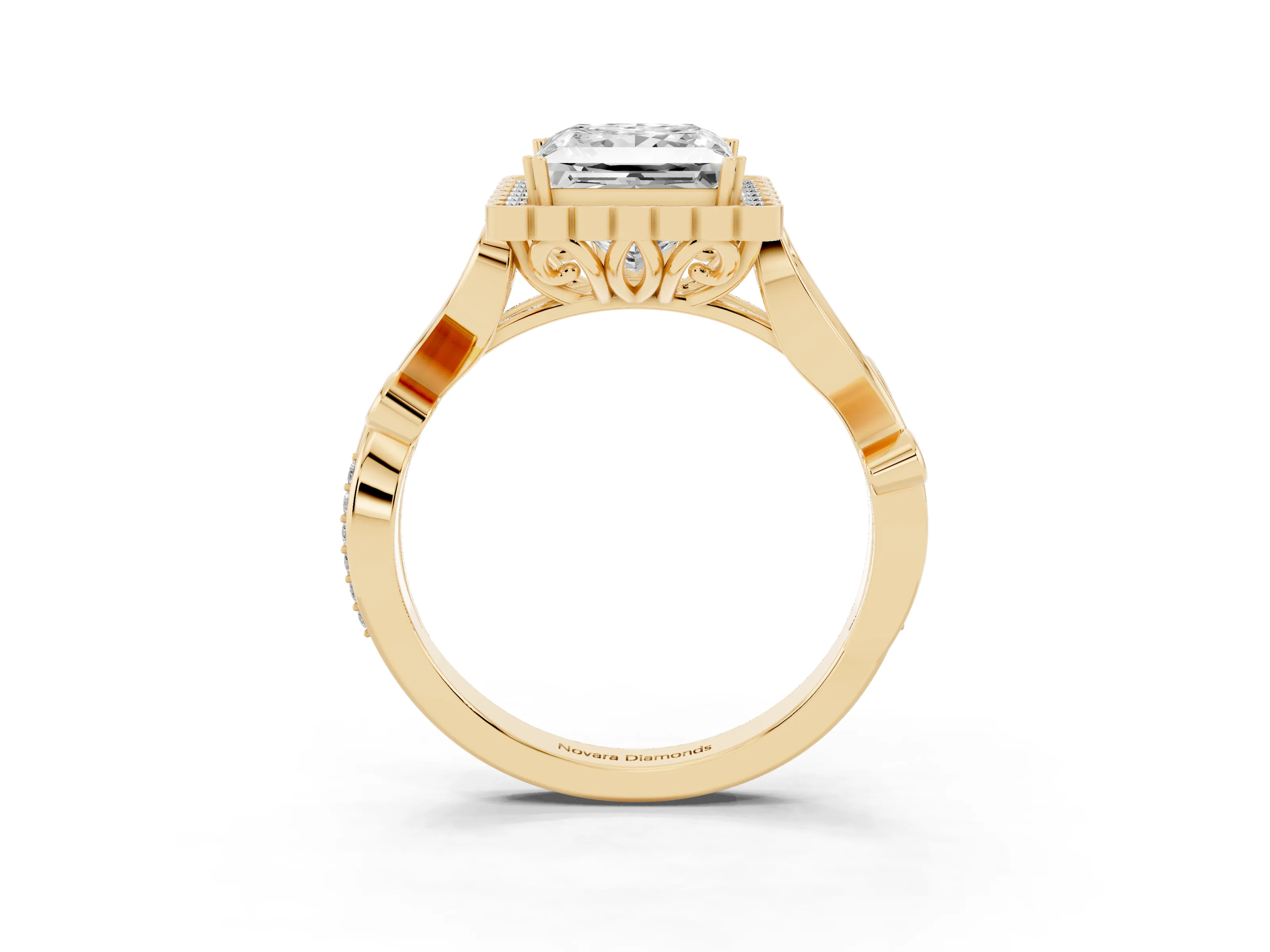 Princess Cut Diamond Halo Ring Set in Yellow gold with Leaf Motif Split Shank and Prong Setting