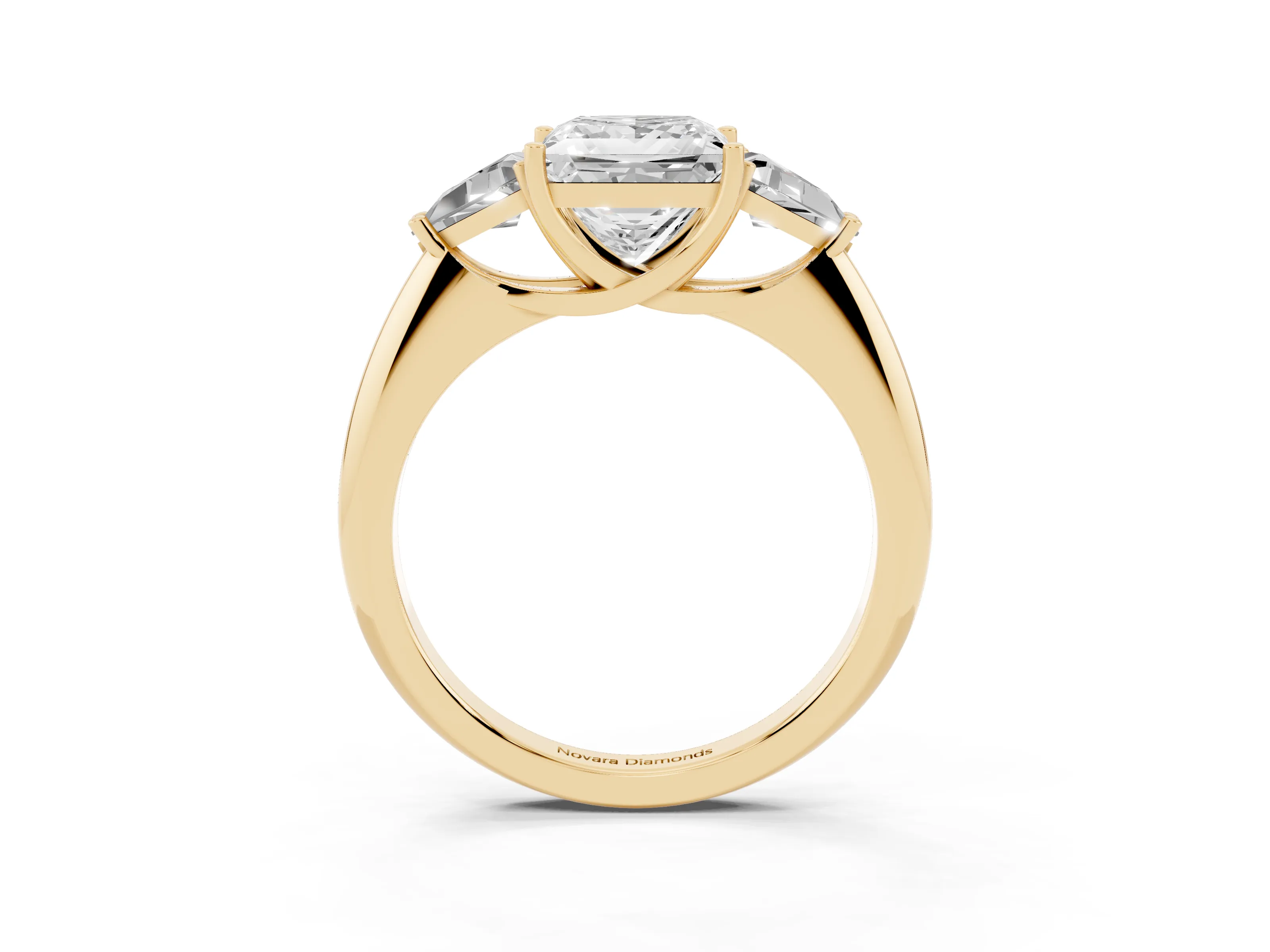 Princess Cut Diamond Three-Stone Engagement Ring Set in Yellow gold with Trillion Side Stones