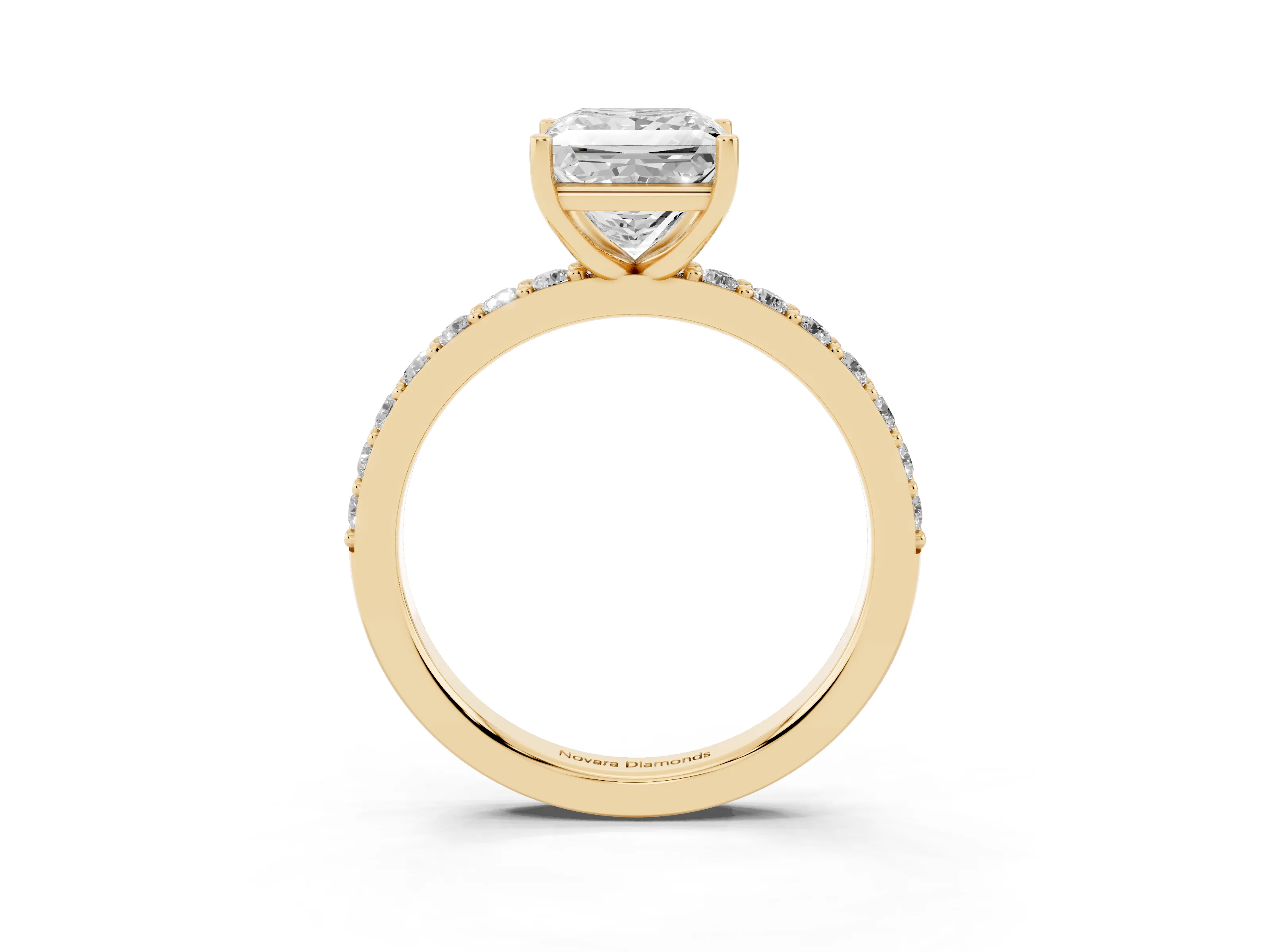 Princess Cut Diamond Solitaire Set in Yellow gold with Round Pavé Band and Prong Setting