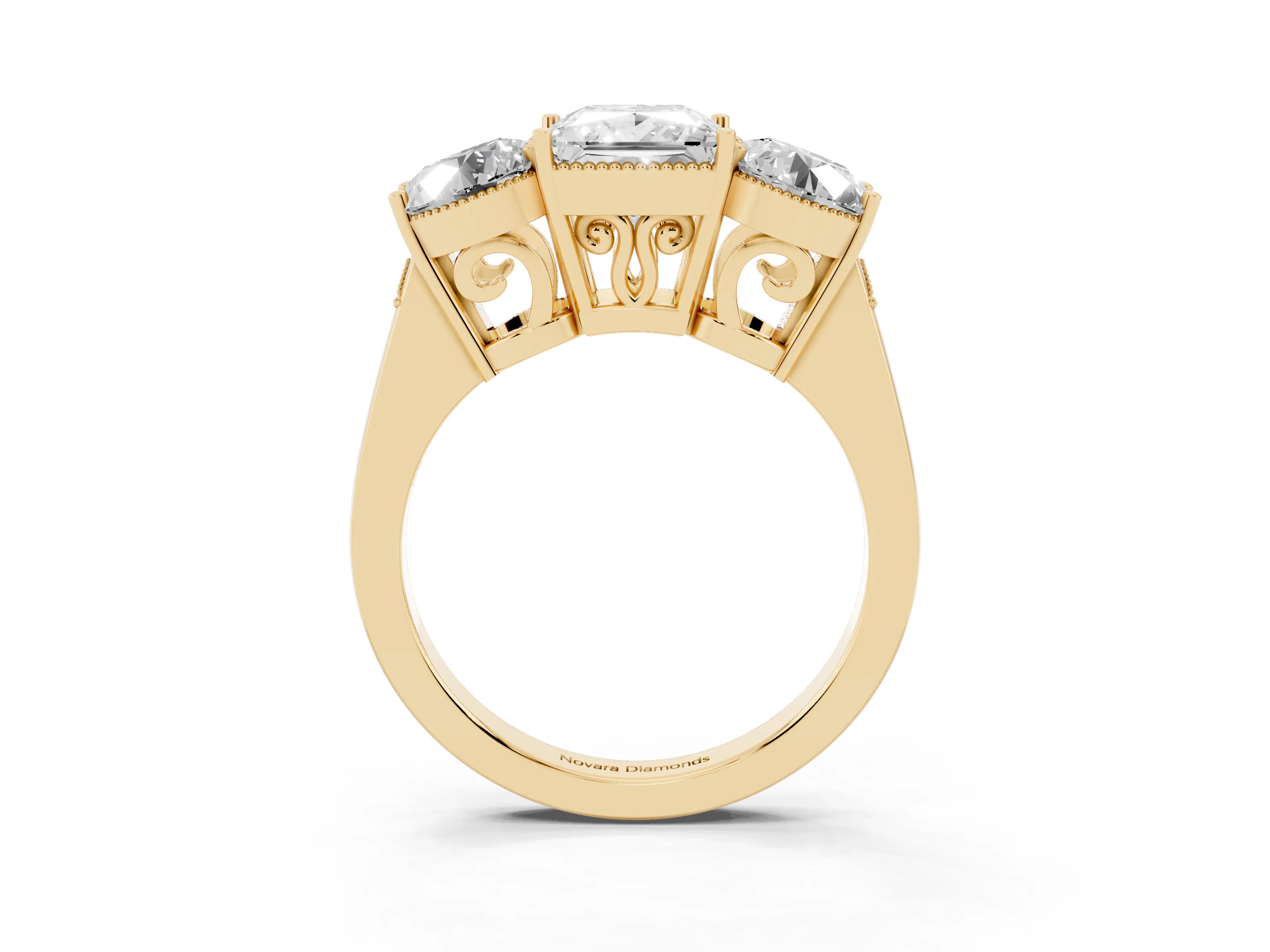 Princess Cut Diamond Three-Stone Engagement Ring Set in Yellow gold with Polished Band