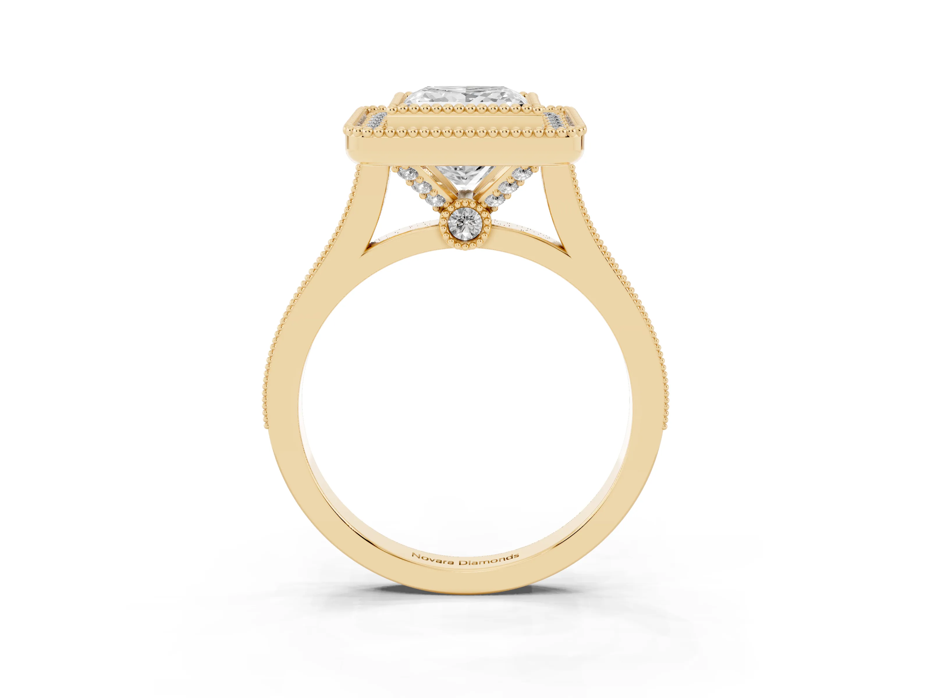 Princess Cut Diamond Halo Ring Set in Yellow gold with Milgrain Frame and Pavé Band