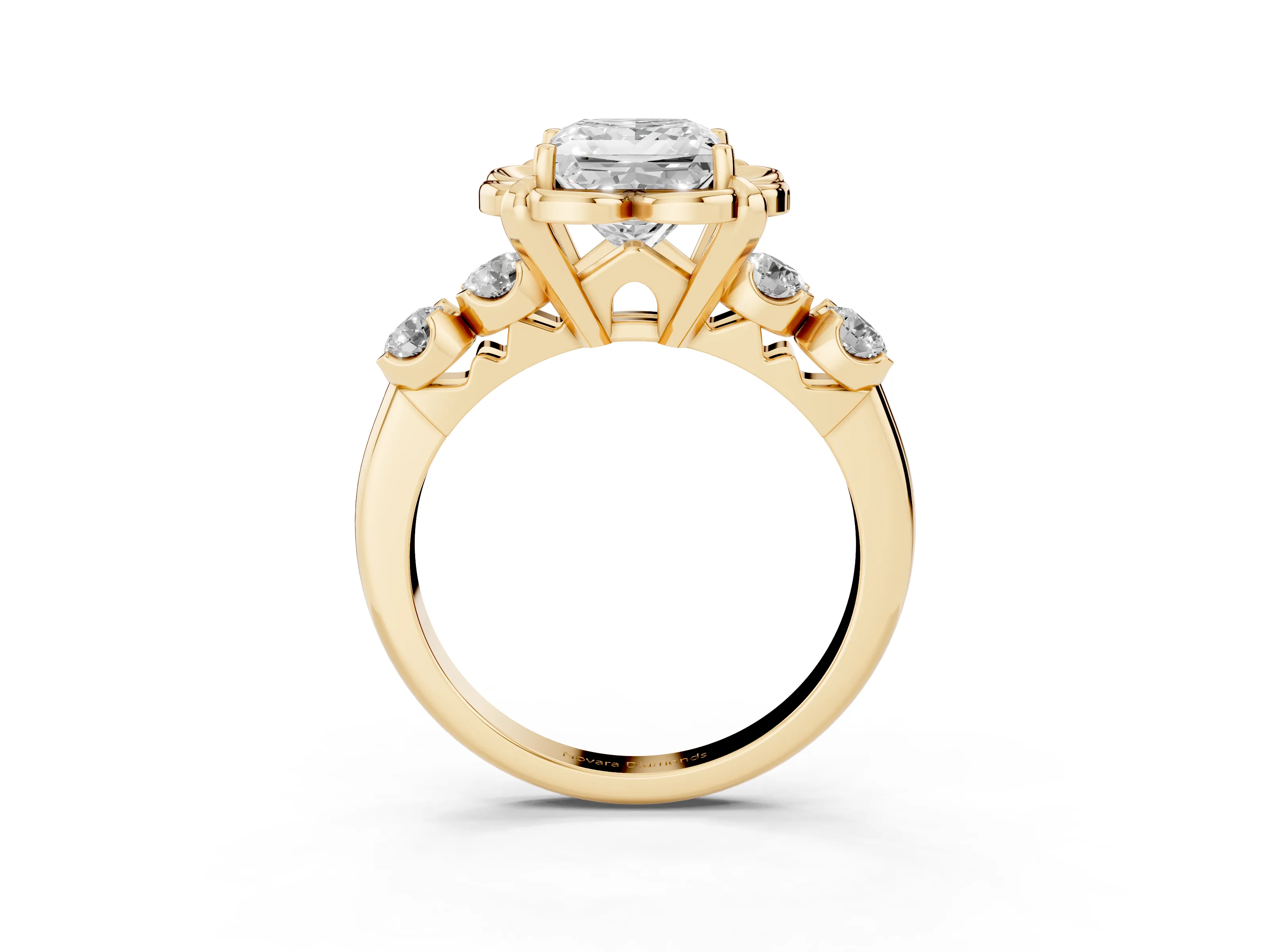 Princess Cut Diamond Floral Halo Ring Set in Yellow gold with Shared Prong Band