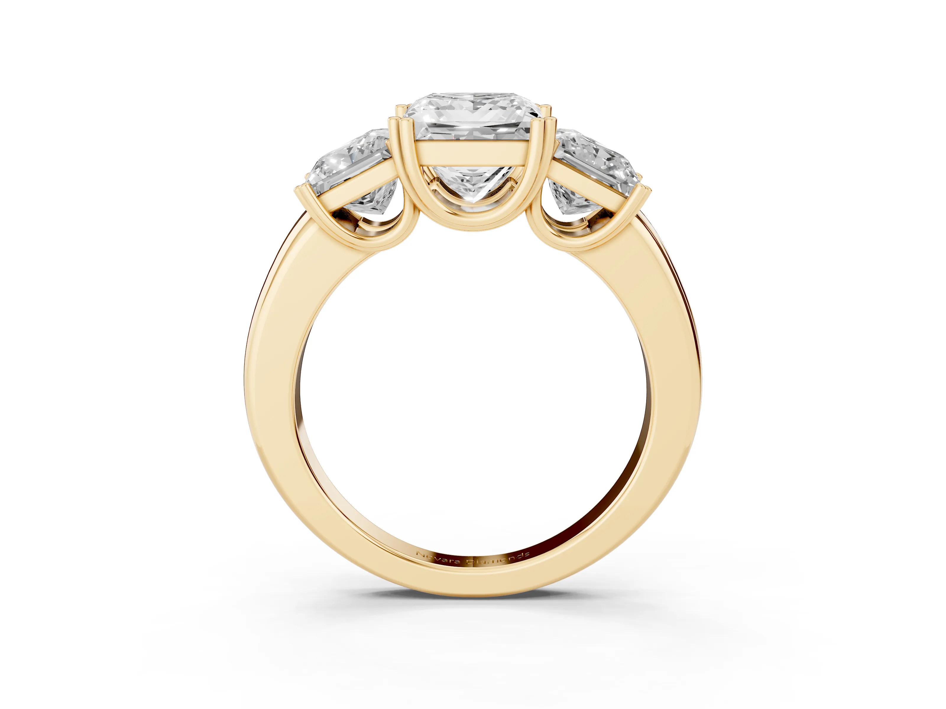 Princess Cut Diamond Three-Stone Ring Set in Yellow gold with Polished Channel-Set Band