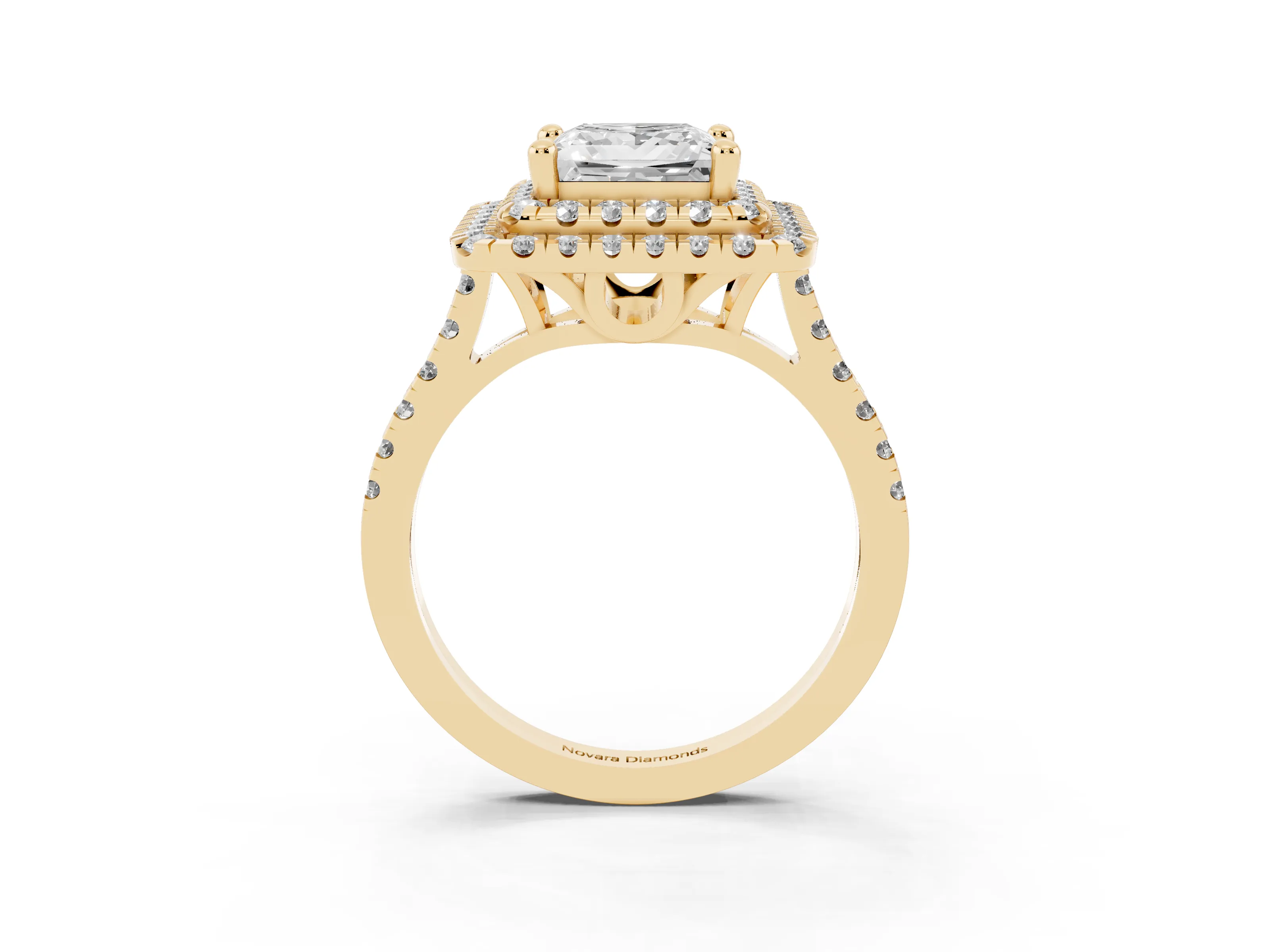 Princess Cut Diamond Double Halo Statement Ring Set in Yellow gold with Pavé Band
