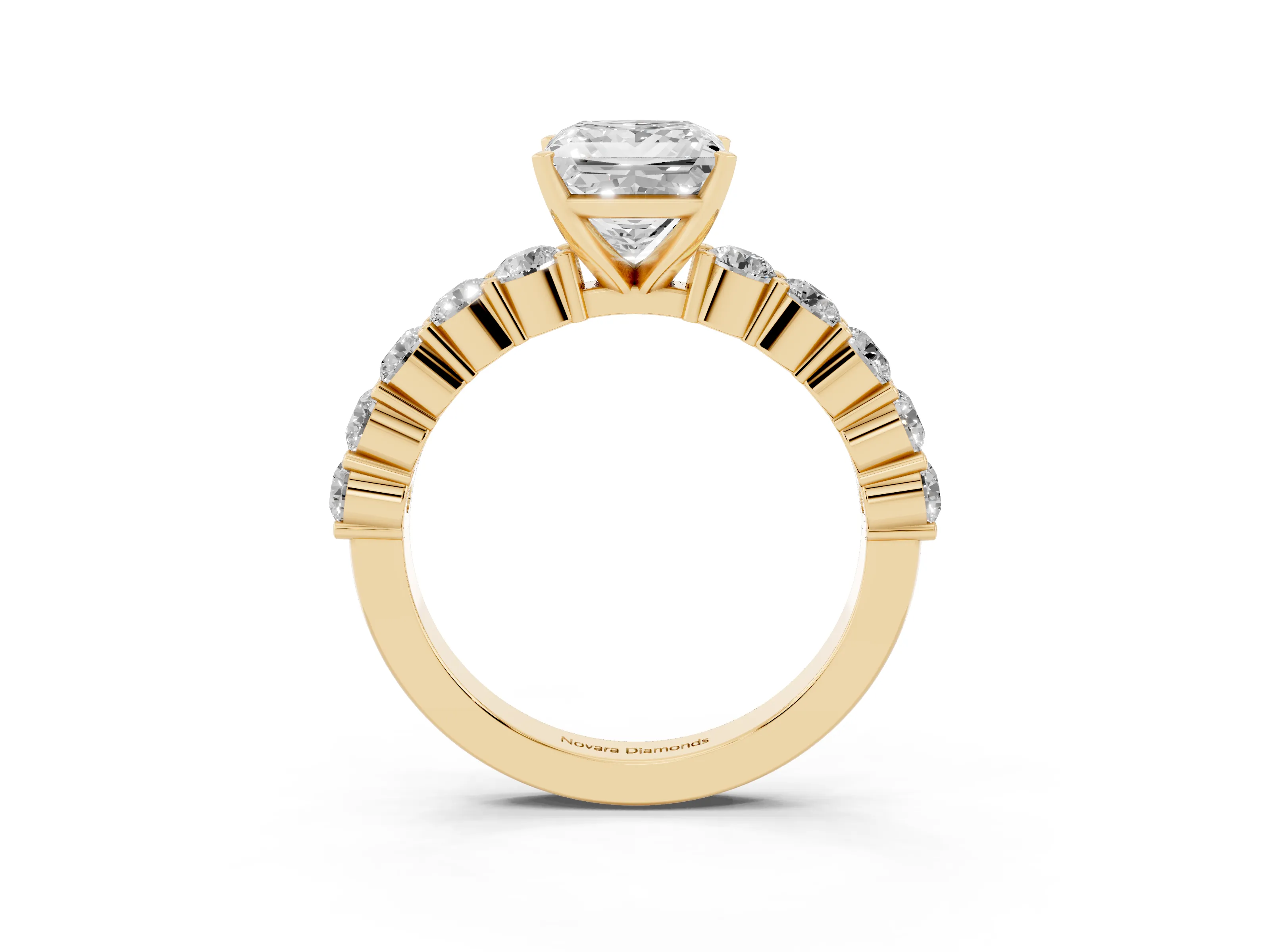 Princess Cut Diamond Solitaire Ring Set in Yellow gold with Shared Prong Round Side Stones