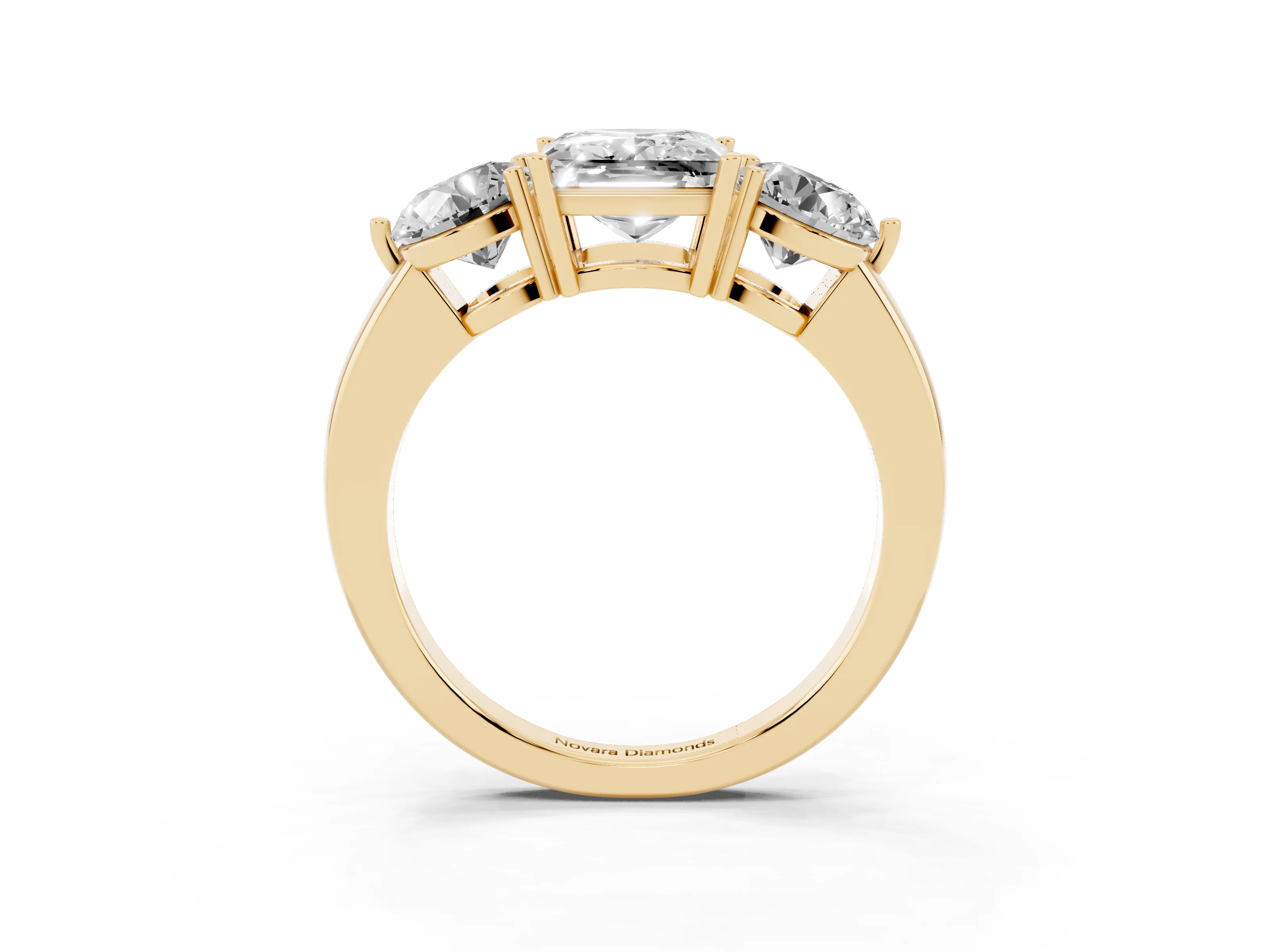 Princess Cut Diamond Three-Stone Ring Set in Yellow gold with Prong Setting and Plain Band