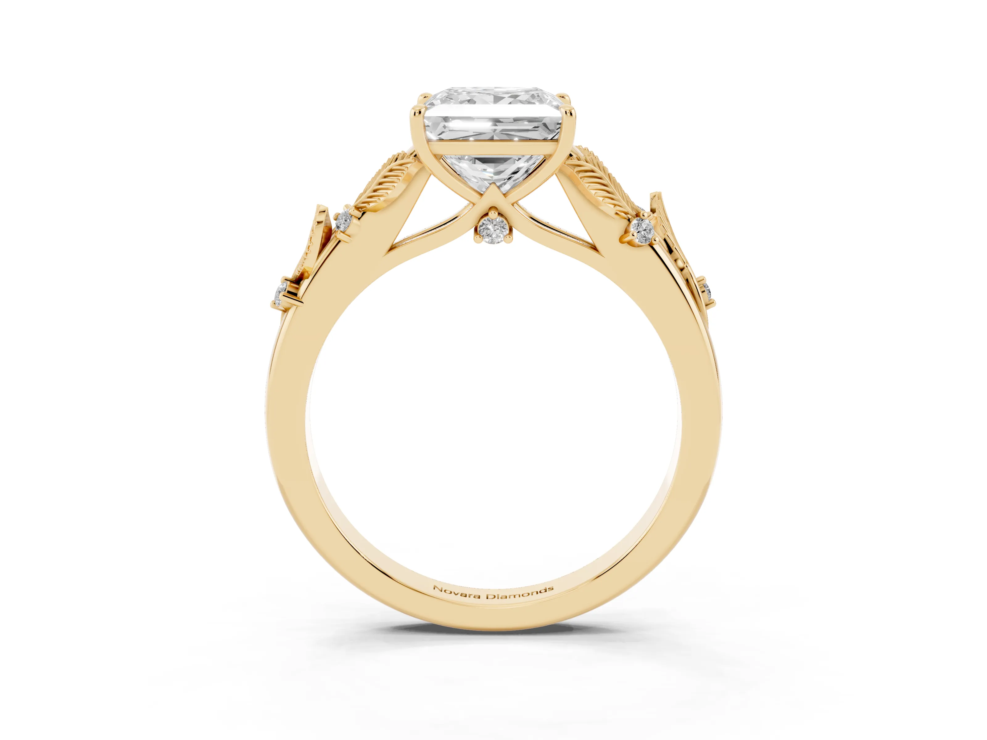 Princess Cut Diamond Solitaire Ring Set in Yellow gold with Leaf Motif Band