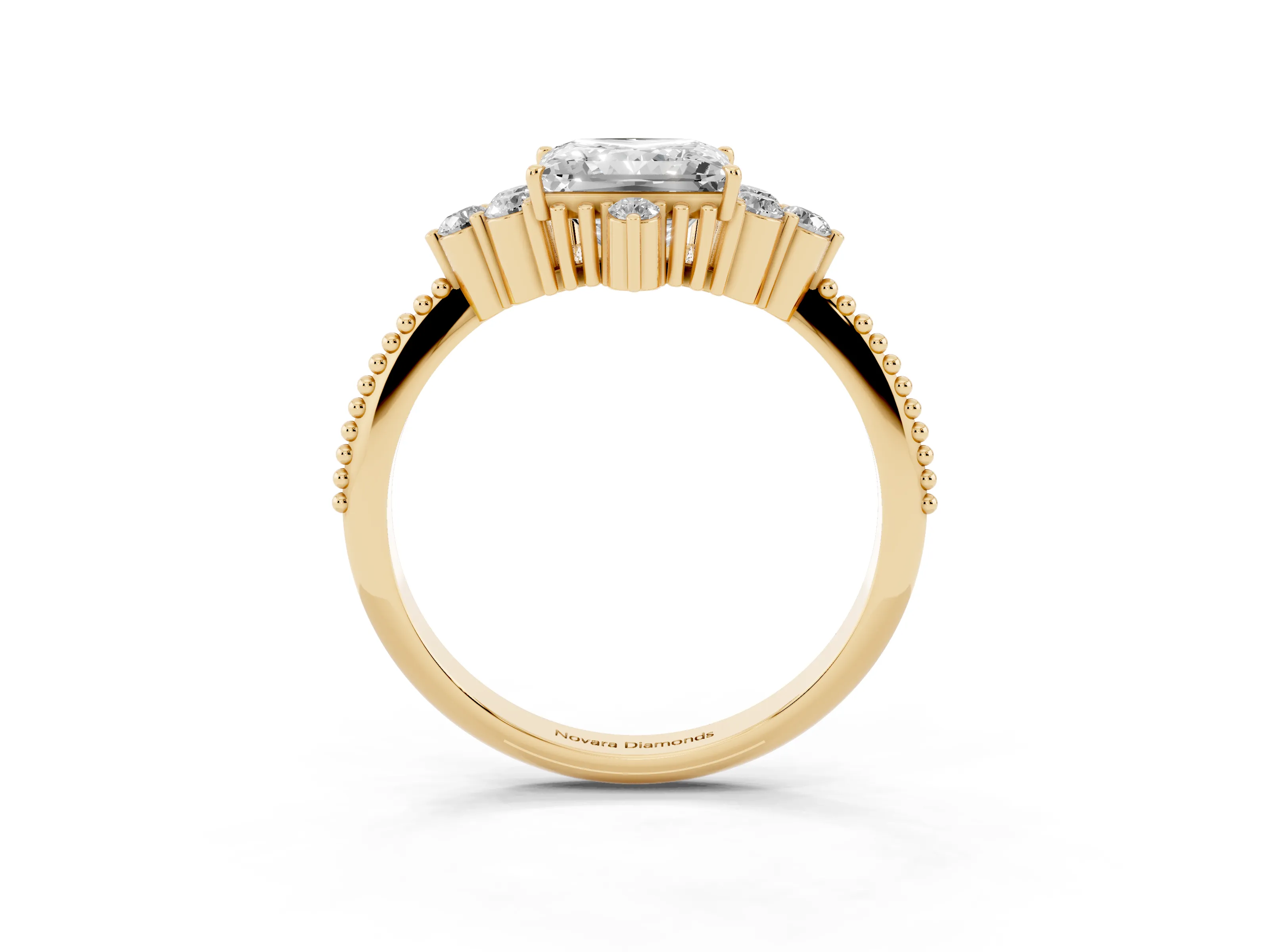 Princess Cut Diamond Cluster Ring Set in Yellow gold with Beaded Band