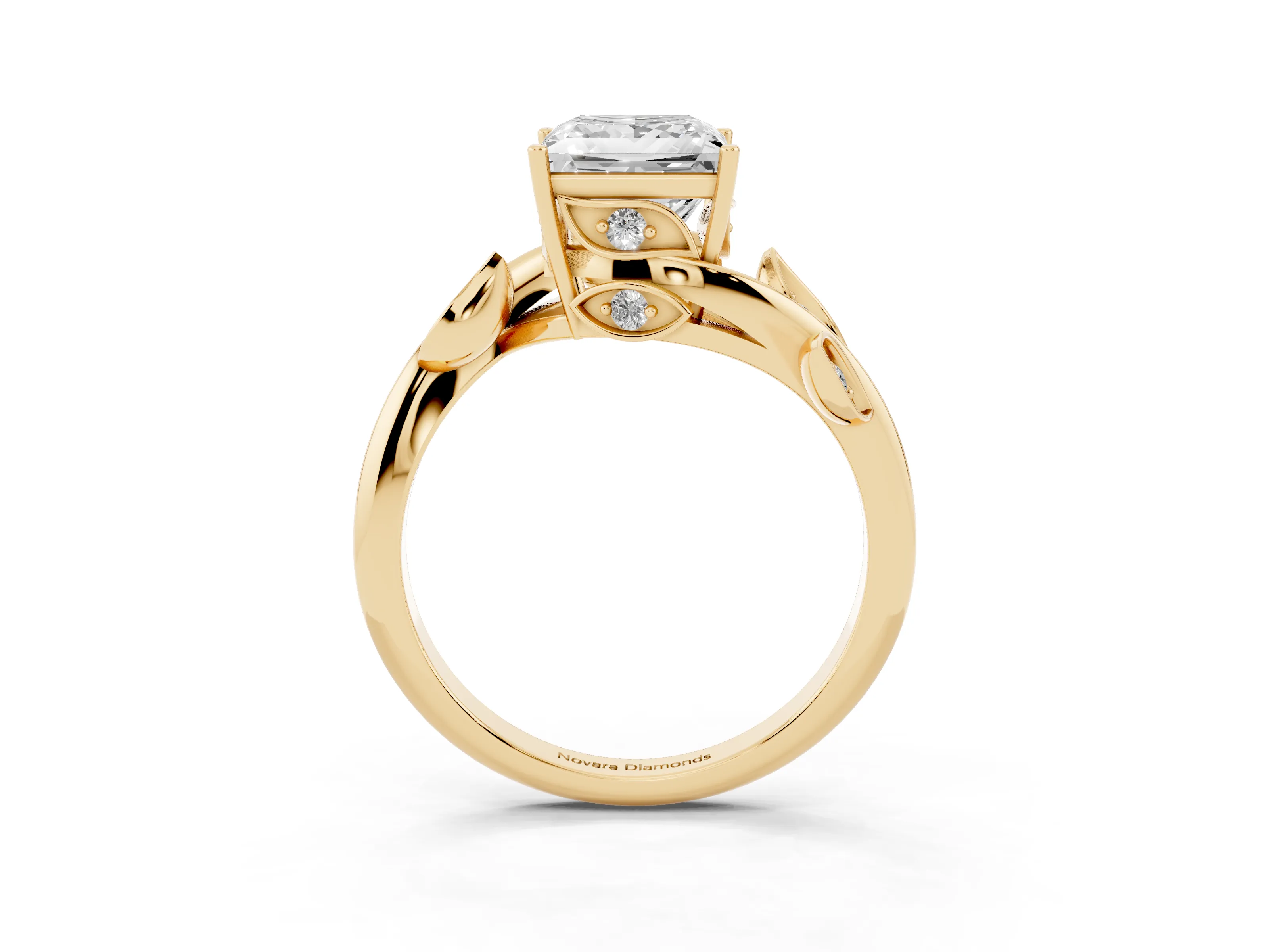Princess Cut Diamond Solitaire Twist Engagement Ring Set in Yellow gold with Pavé Leaf Accents