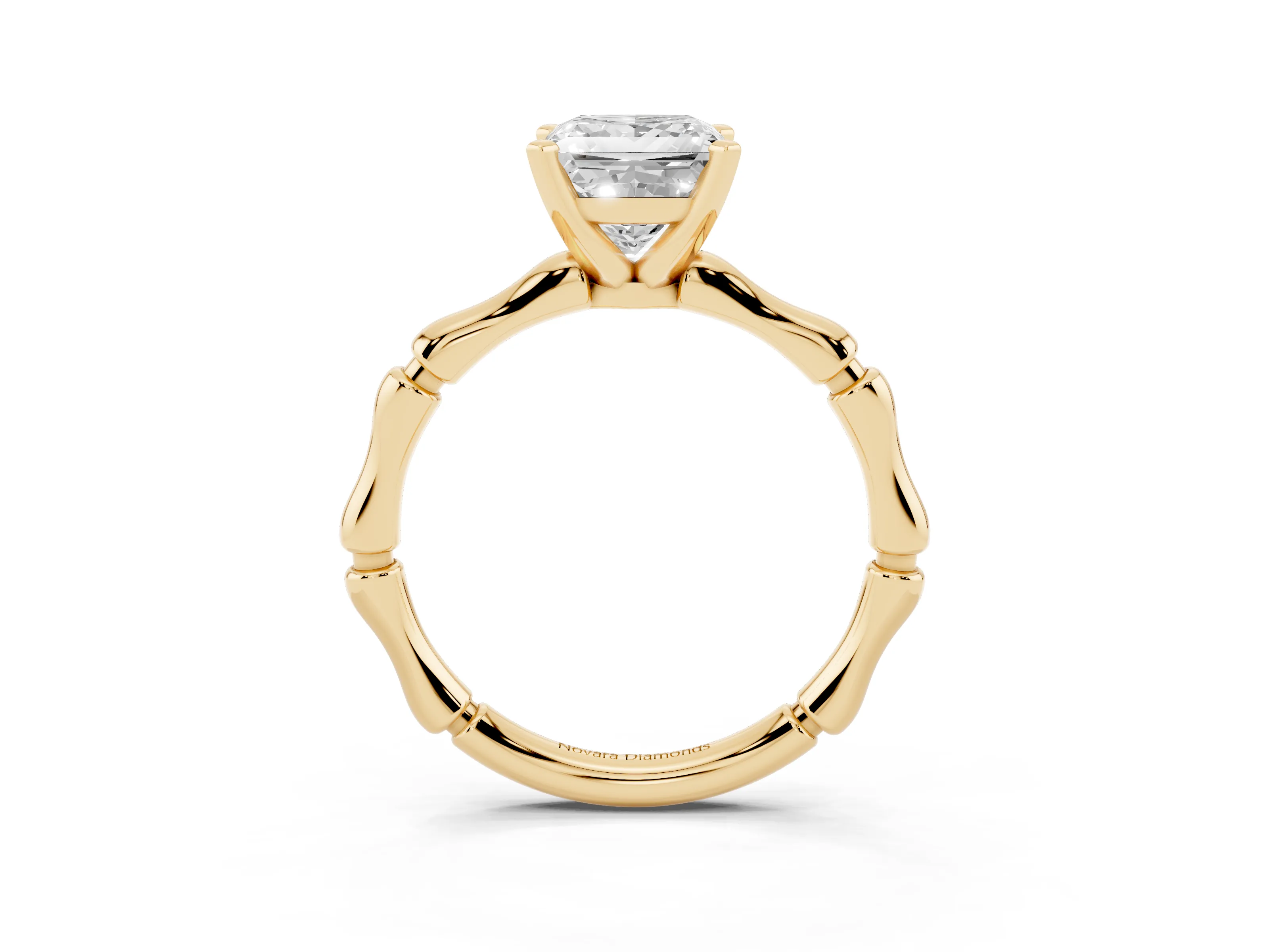 Princess Cut Diamond Solitaire Ring Set in Yellow gold with Bamboo Band and Prong Setting