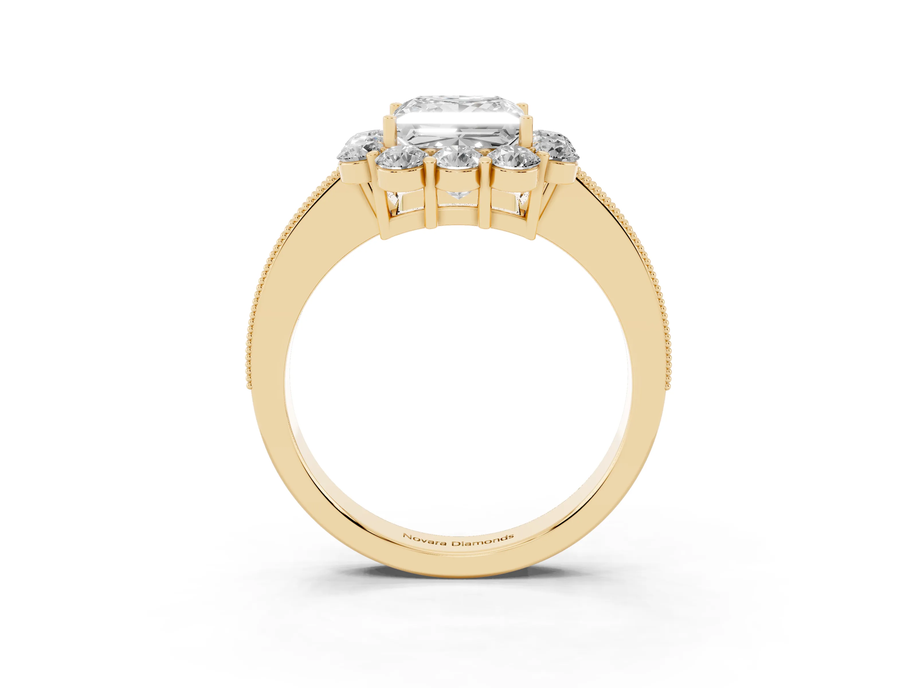 Princess Cut Diamond Halo Pavé Engagement Ring Set in Yellow gold with Milgrain Detailing