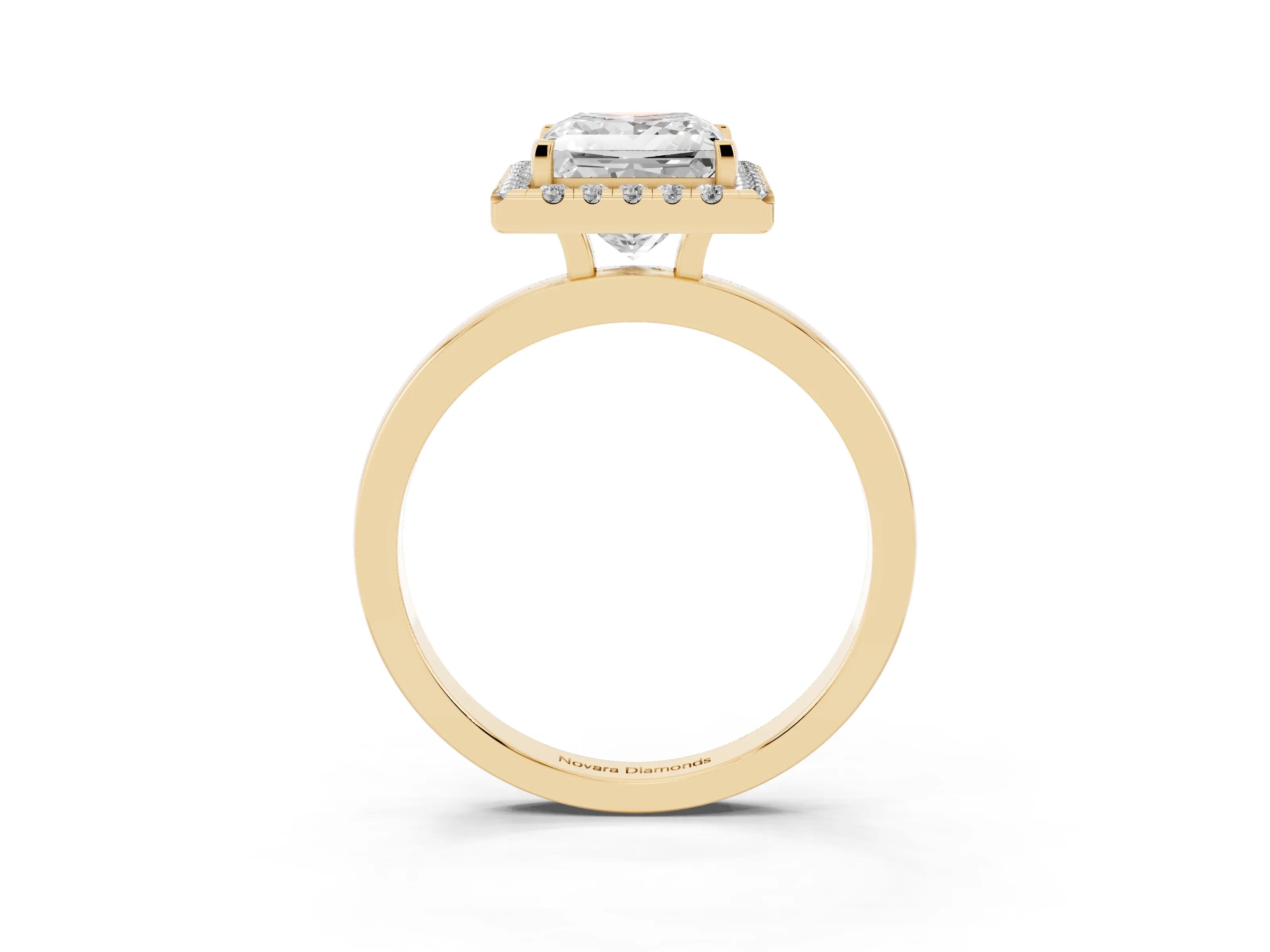 Princess Cut Diamond Halo Solitaire Ring Set in Yellow gold with Pavé Band and Prong Setting