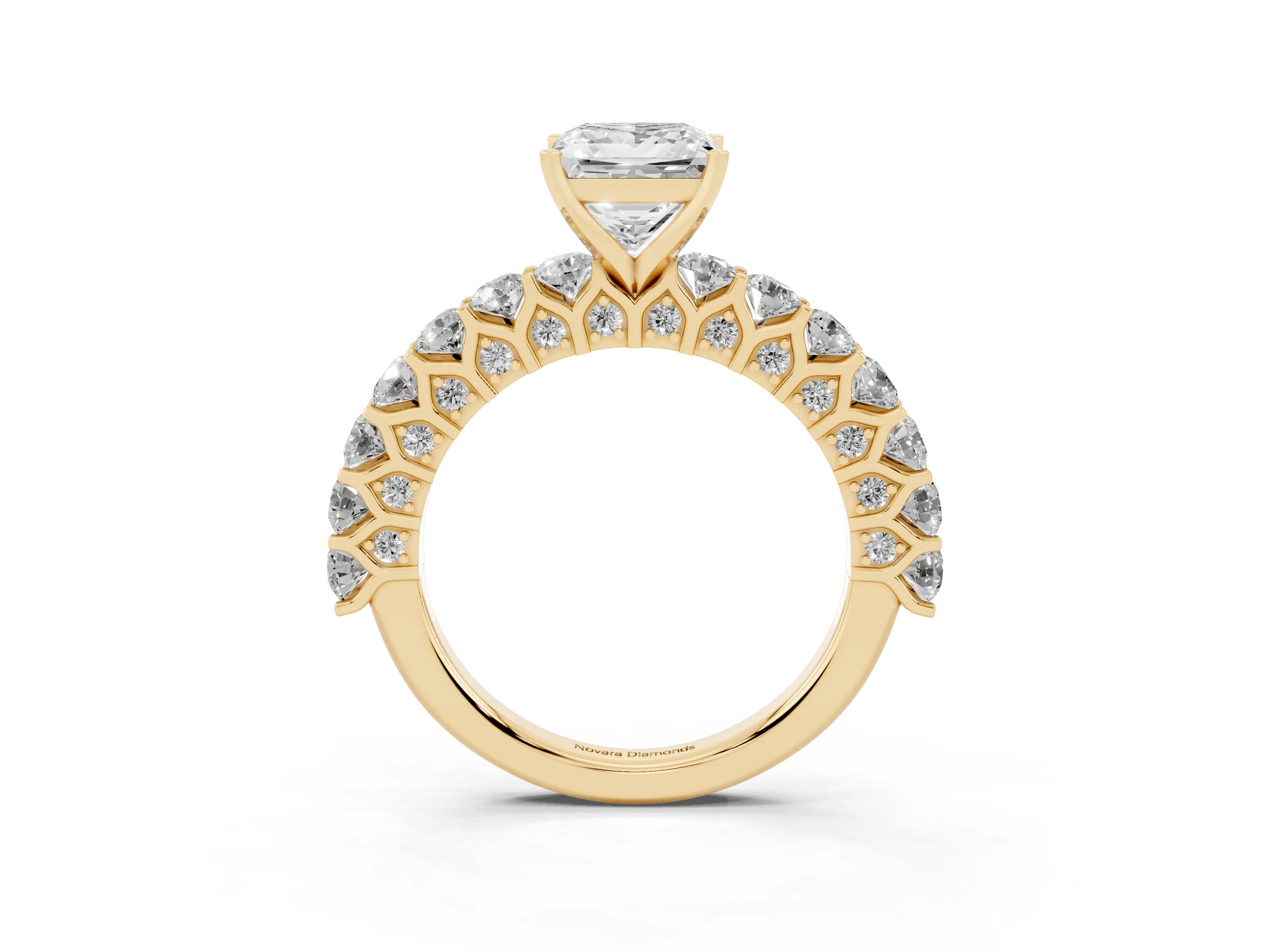 Princess Cut Diamond Solitaire Ring Set in Yellow gold with Shared Prong Pavé Band