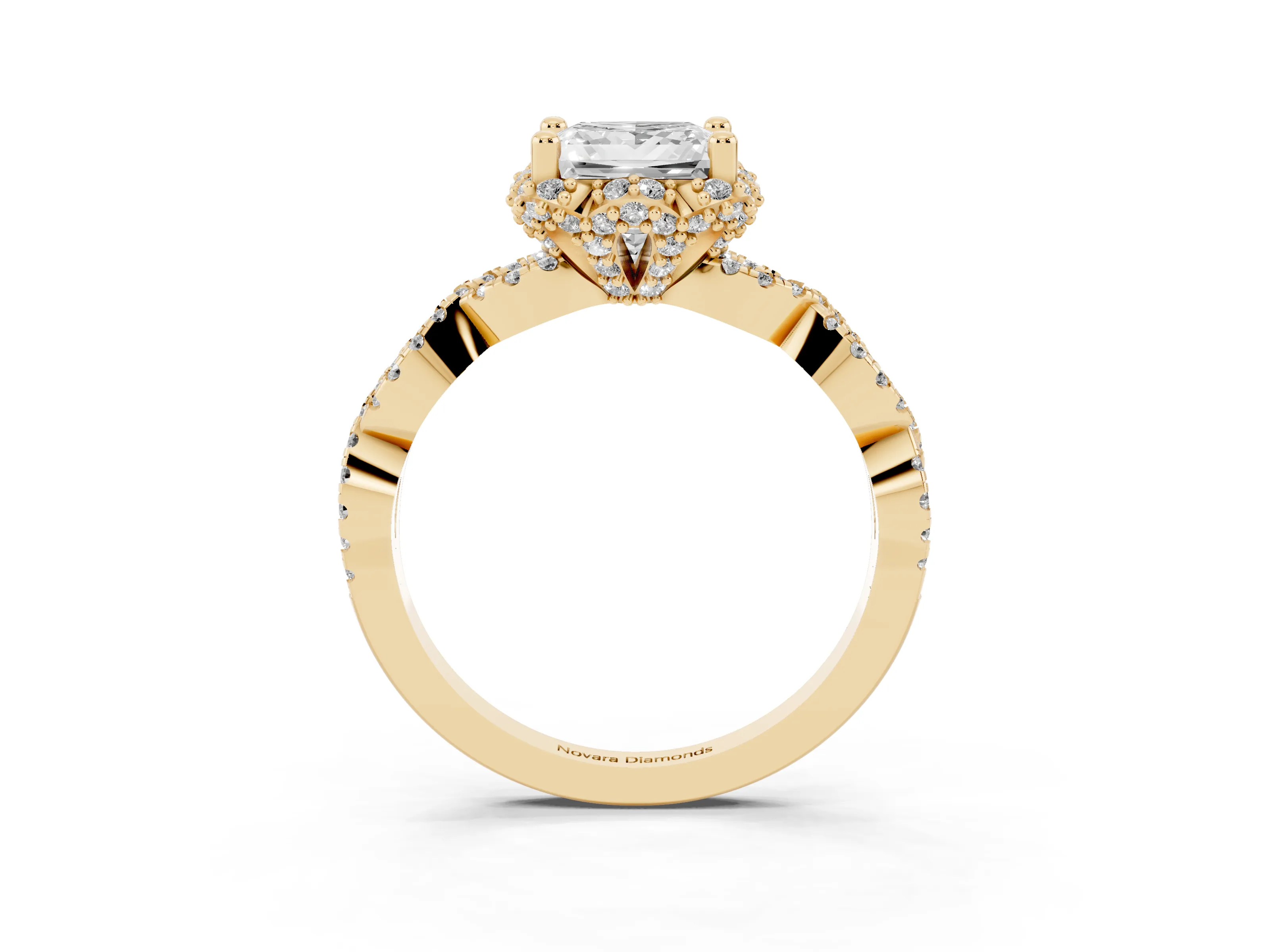 Princess Cut Diamond Halo Twist Band Solitaire Ring Set in Yellow gold with Prong-Set Center Stone