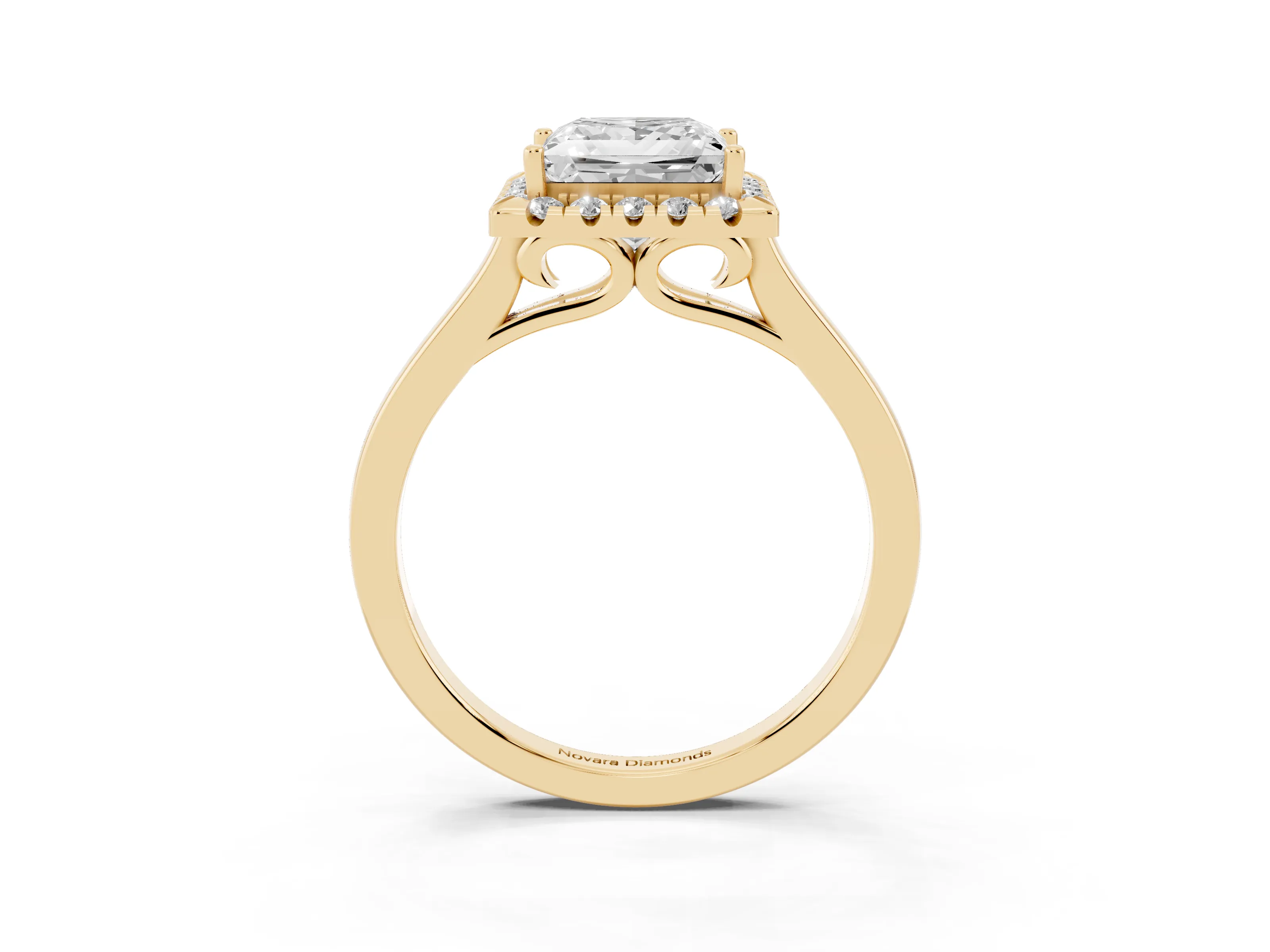 Princess Cut Halo Round Diamond Solitaire Ring Set in Yellow gold with Pavé Band and Prong Setting