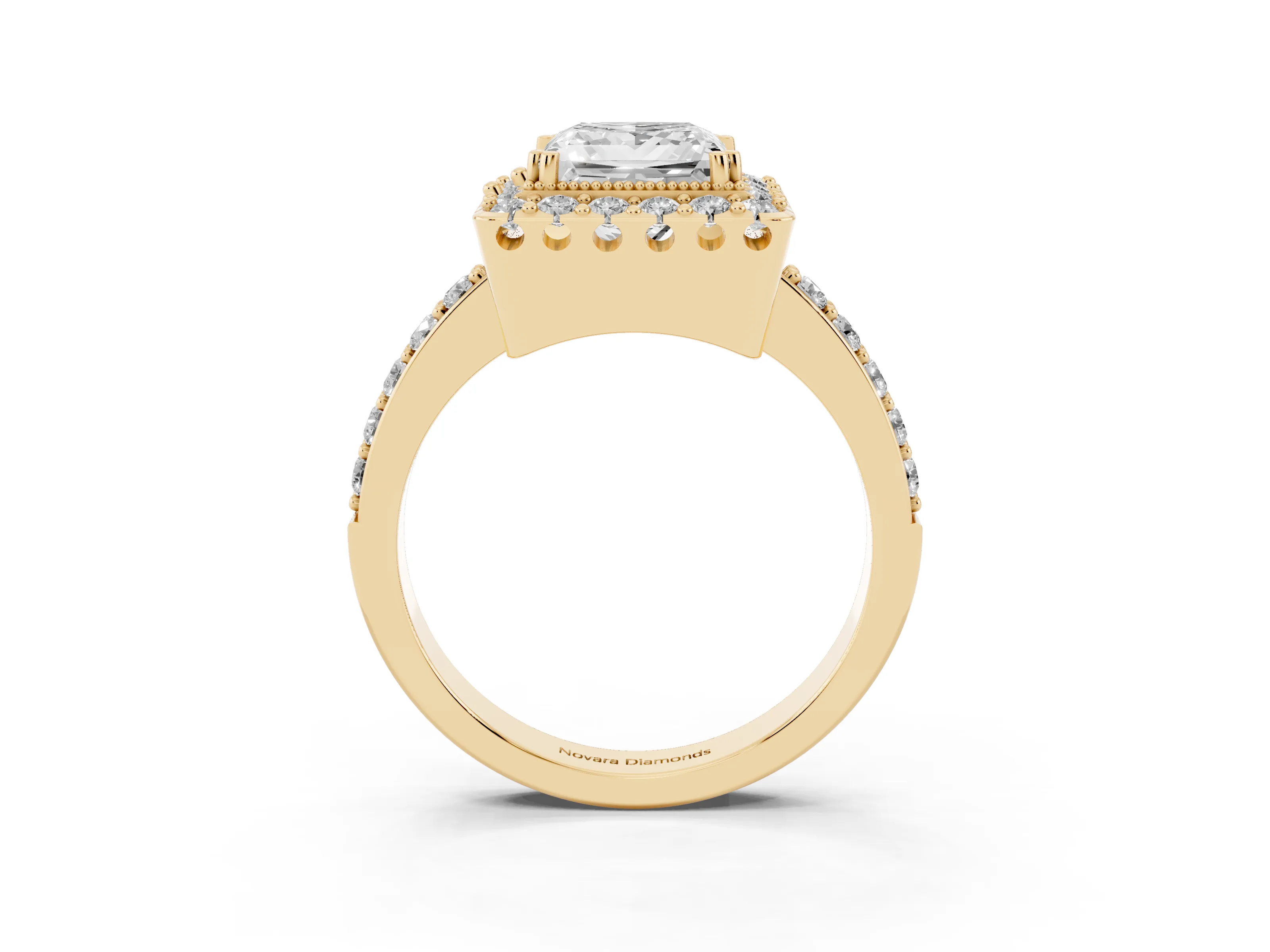 Princess Cut Diamond Halo Ring Set in Yellow gold with Pavé Shank and Prong Setting