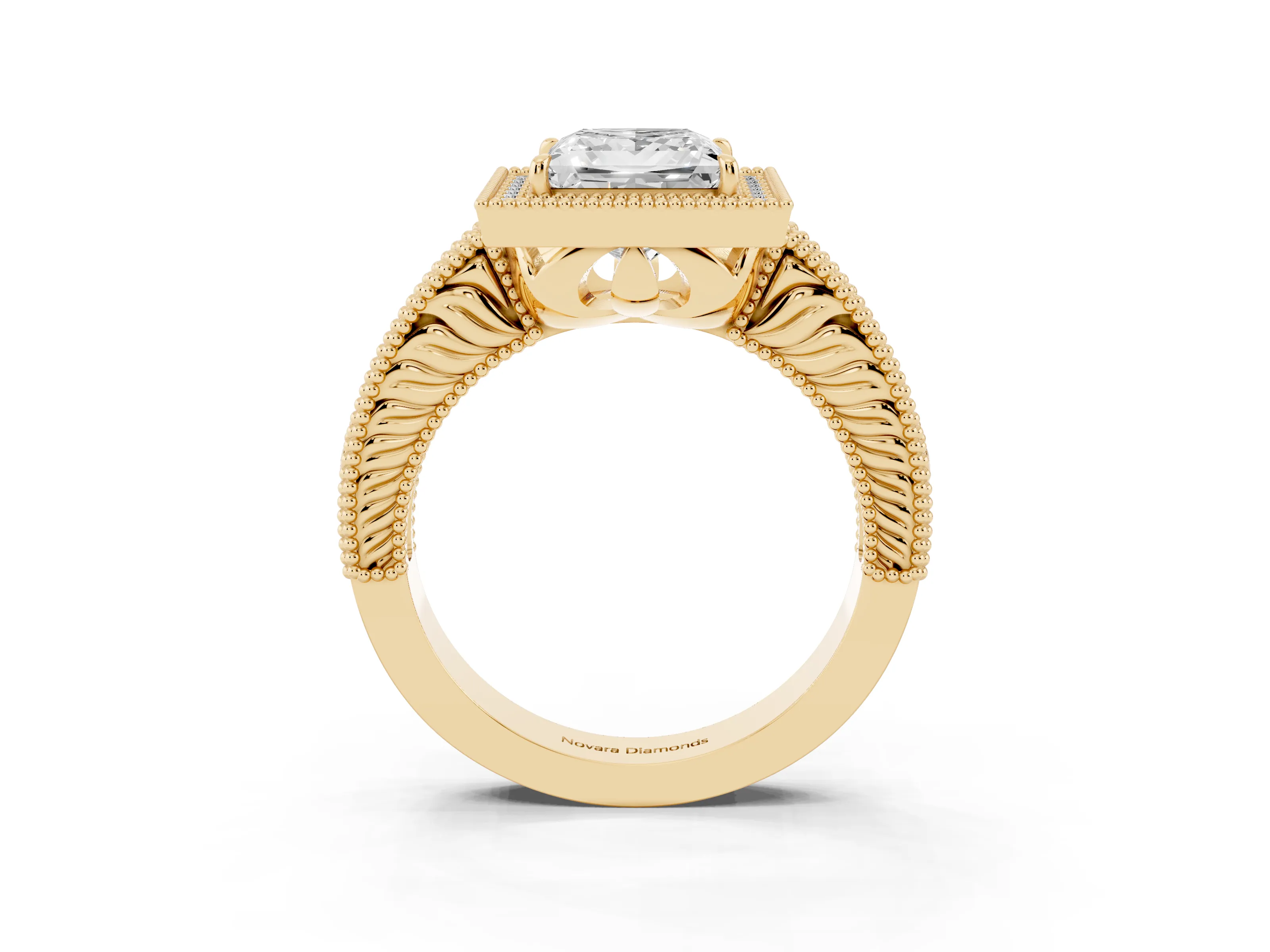 Princess Cut Diamond Halo Ring Set in Yellow gold with Round Accent Halo, Pavé Band and Prong Setting