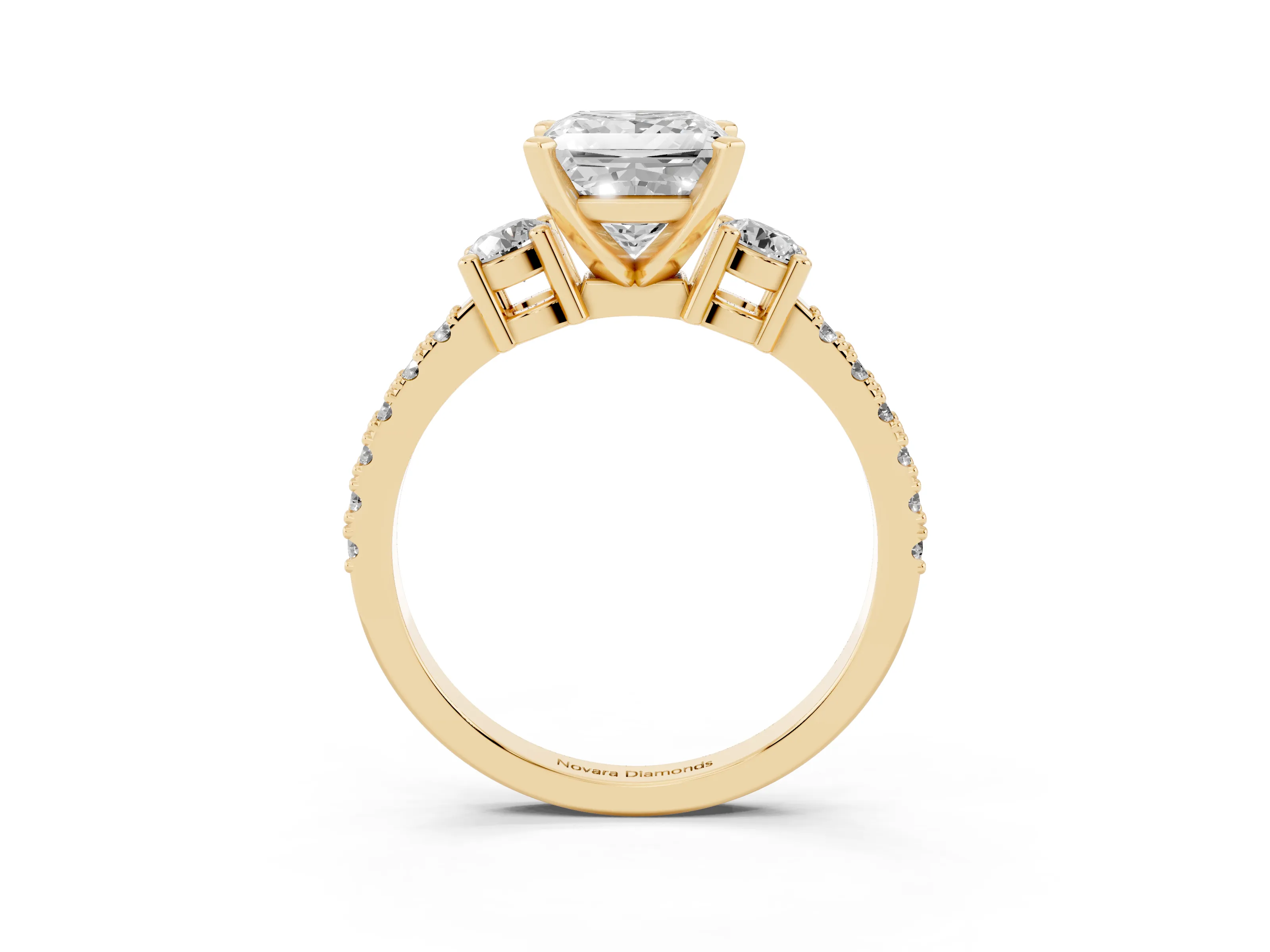 Three-Stone Princess Cut Diamond Pavé Band Ring Set in Yellow gold with Prong Setting
