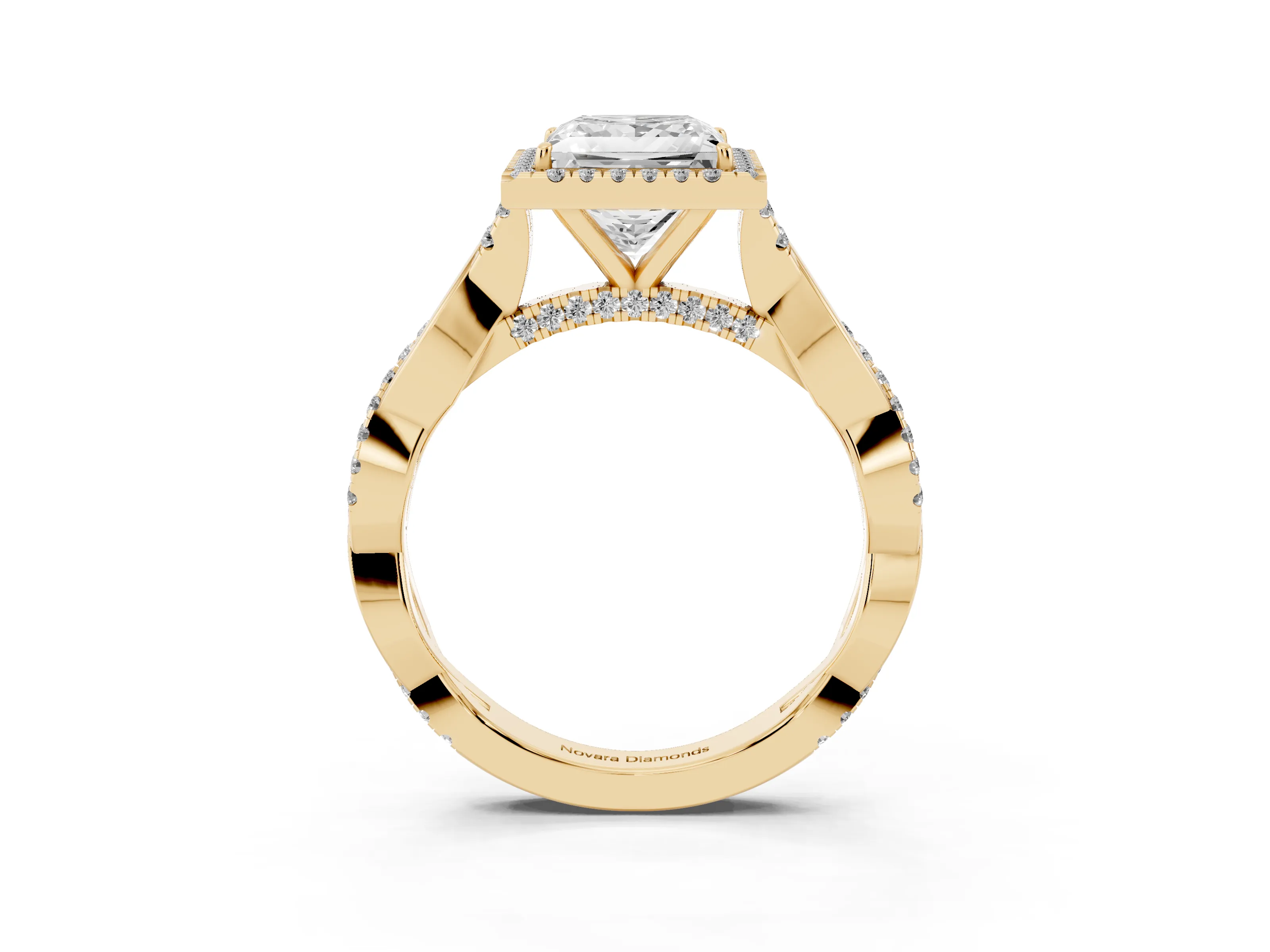 Princess Cut Diamond Halo Twist Band Solitaire Ring Set in Yellow gold with Prong Setting