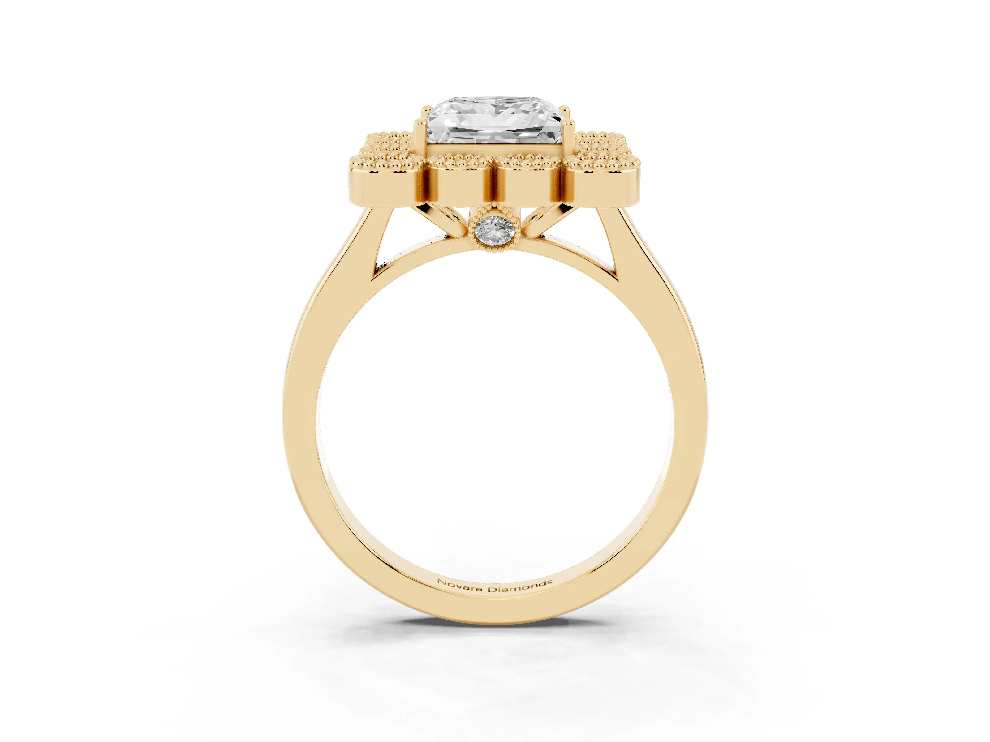 Princess Cut Diamond Cluster Halo Ring Set in Yellow gold with Milgrain Bezel Accents and Plain Band