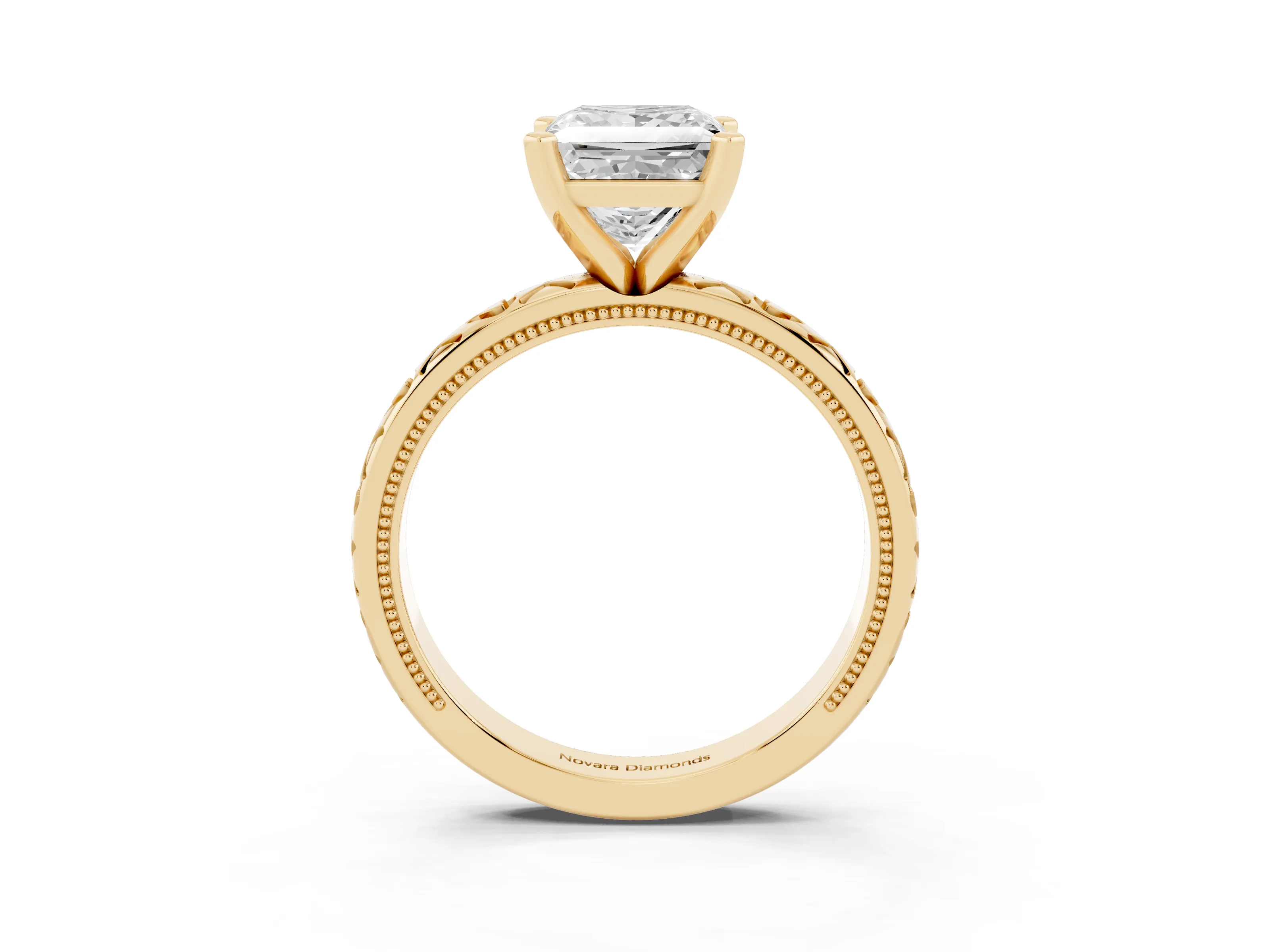 Princess Cut Diamond Solitaire Engagement Ring Set in Yellow gold with XO Engraved Band and Prong Setting