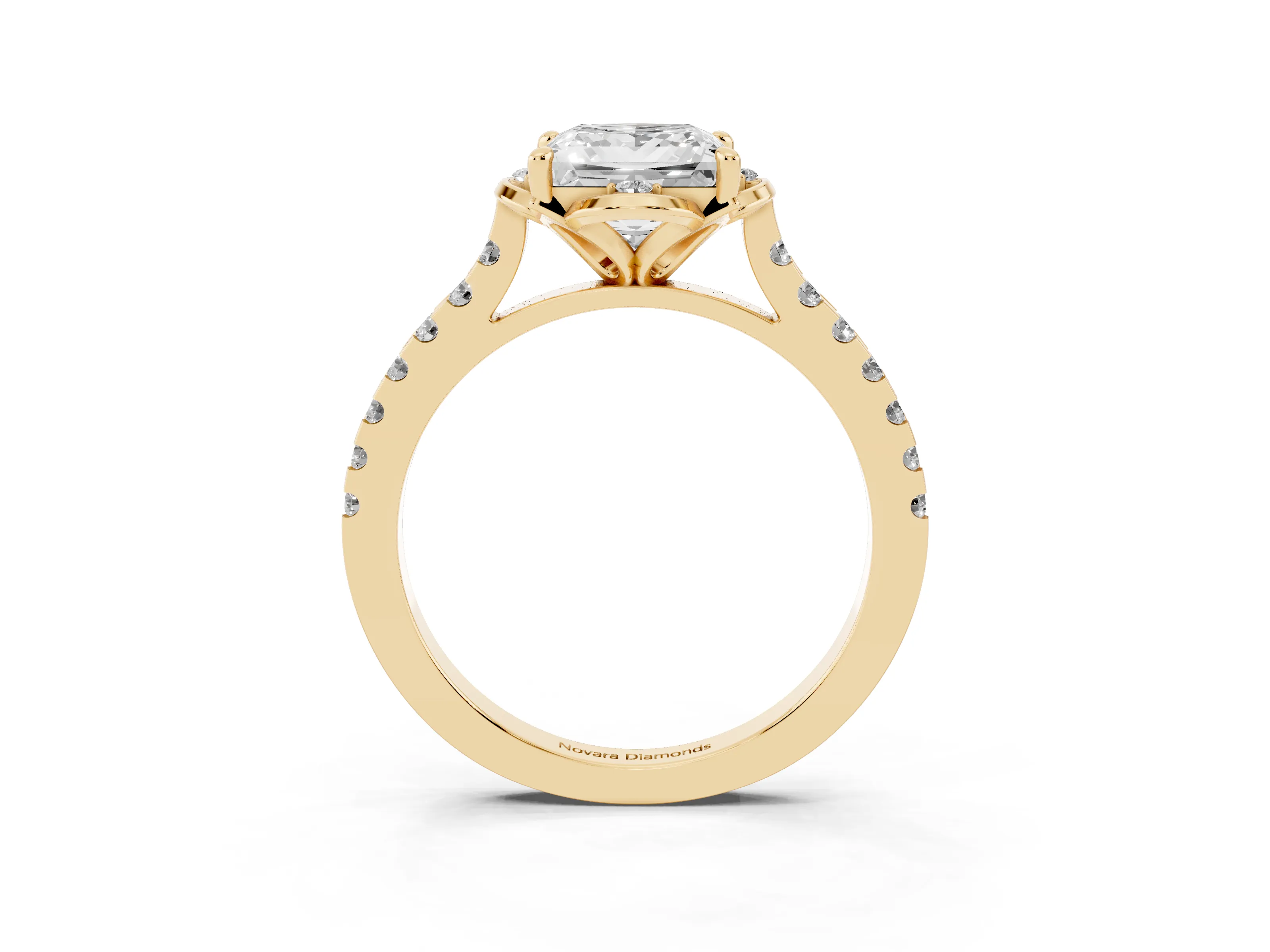 Princess Cut Diamond Solitaire Ring Set in Yellow gold with Pavé Band and Floral Prong Setting