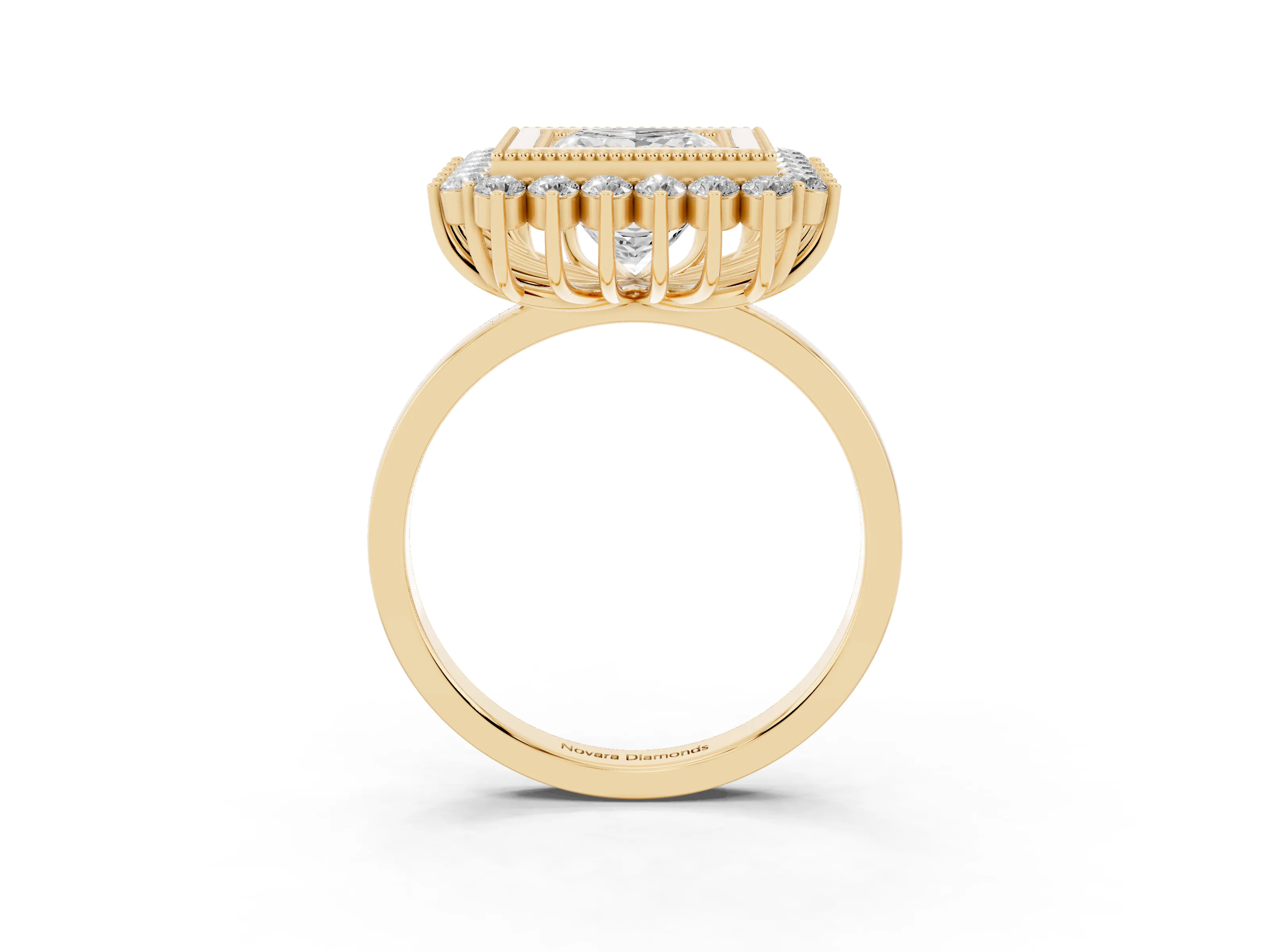 Princess Cut Diamond Halo Ring Set in Yellow gold with Milgrain Edge and Round Prong Setting